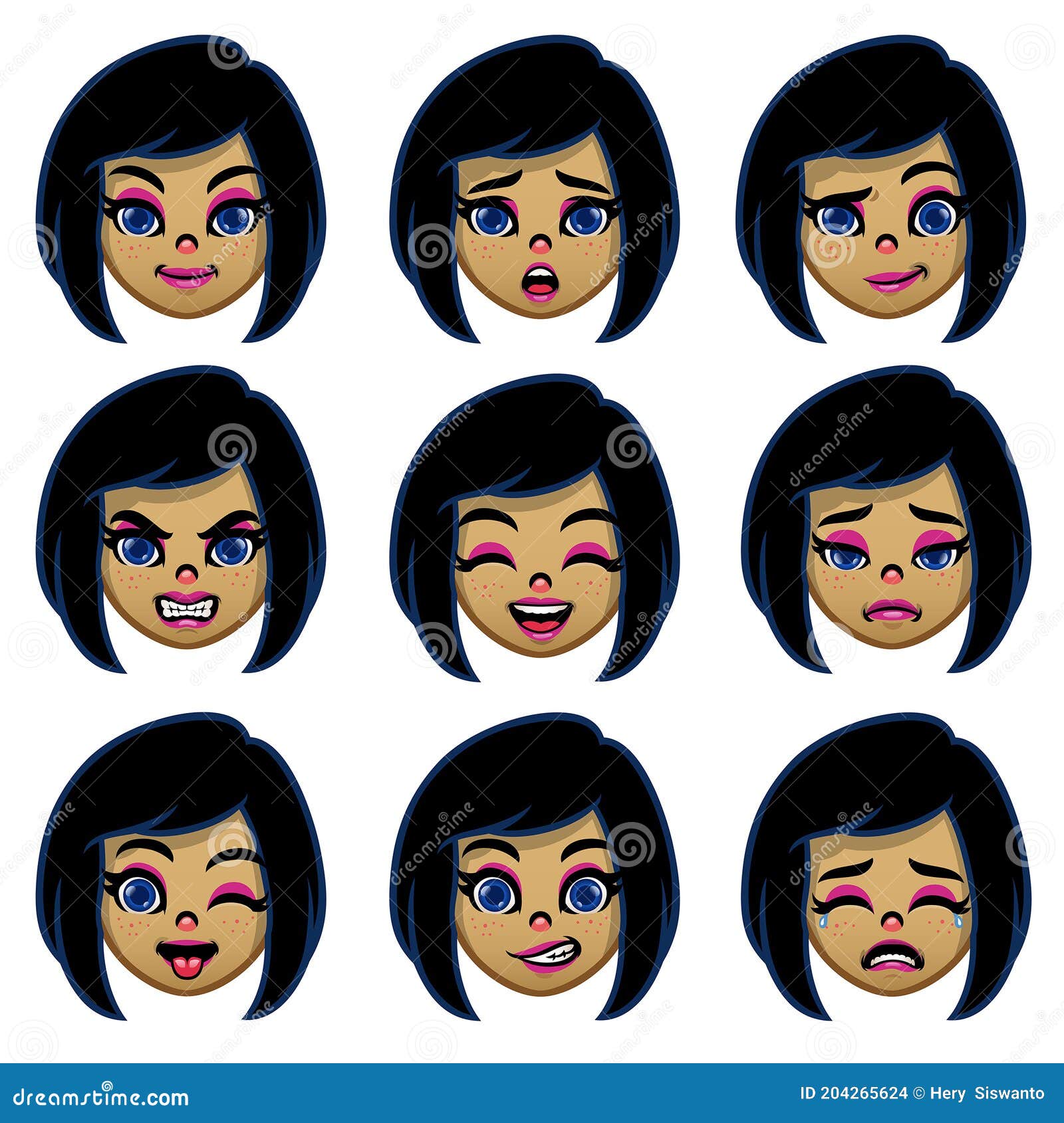 set of cartoon girl head with various face expression