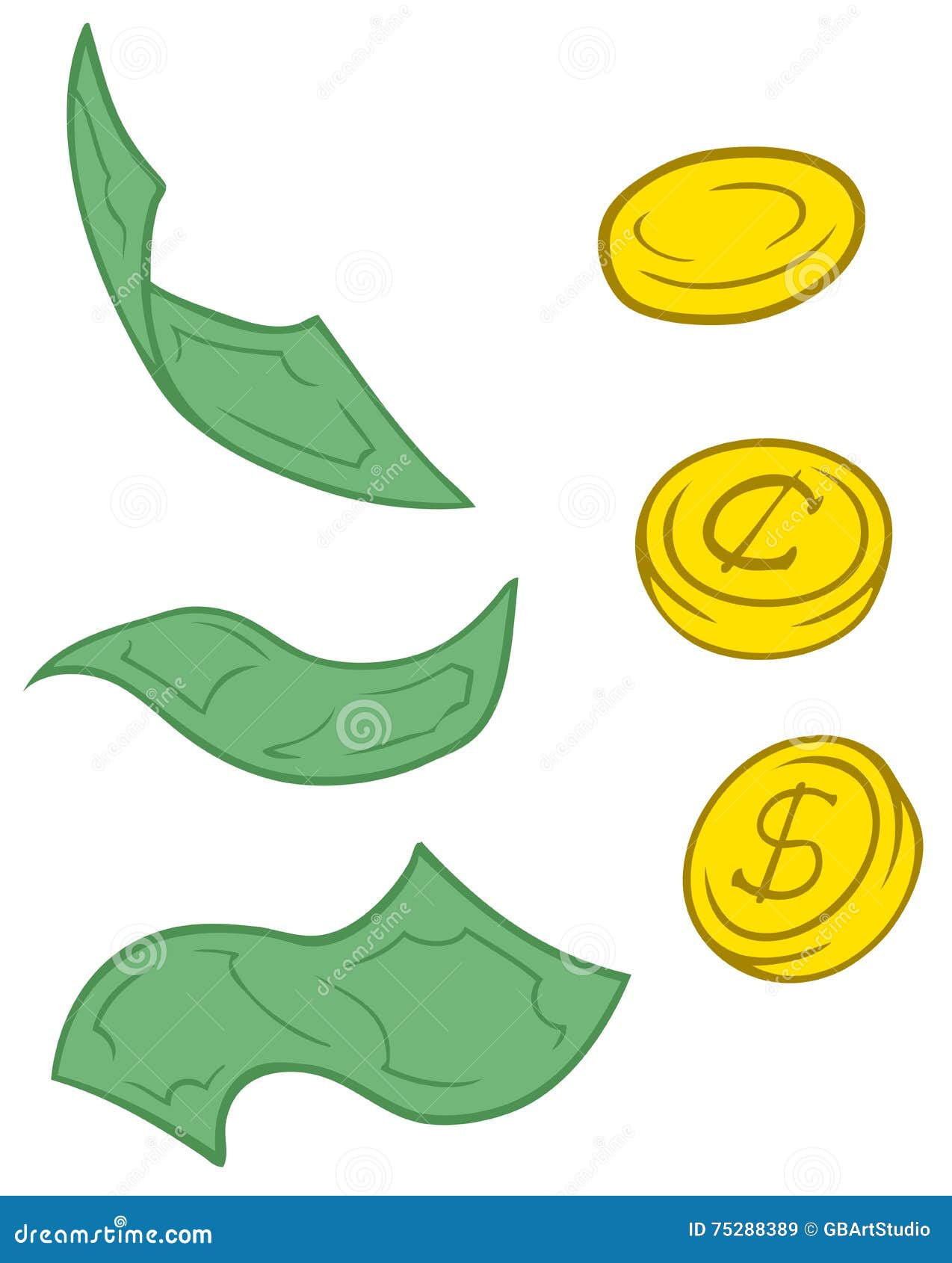 set of cartoon greenback and coins