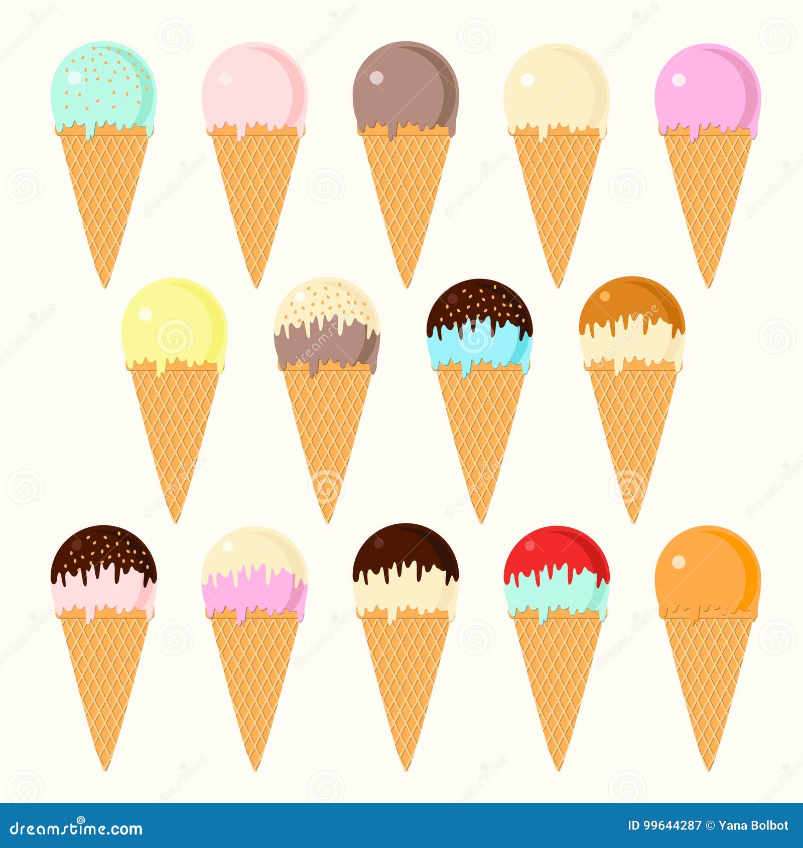 Set of Cartoon Icons. Ice Cream Scoops in Different Colors and Waffle Cone  Stock Vector - Illustration of collection, fruit: 99644287