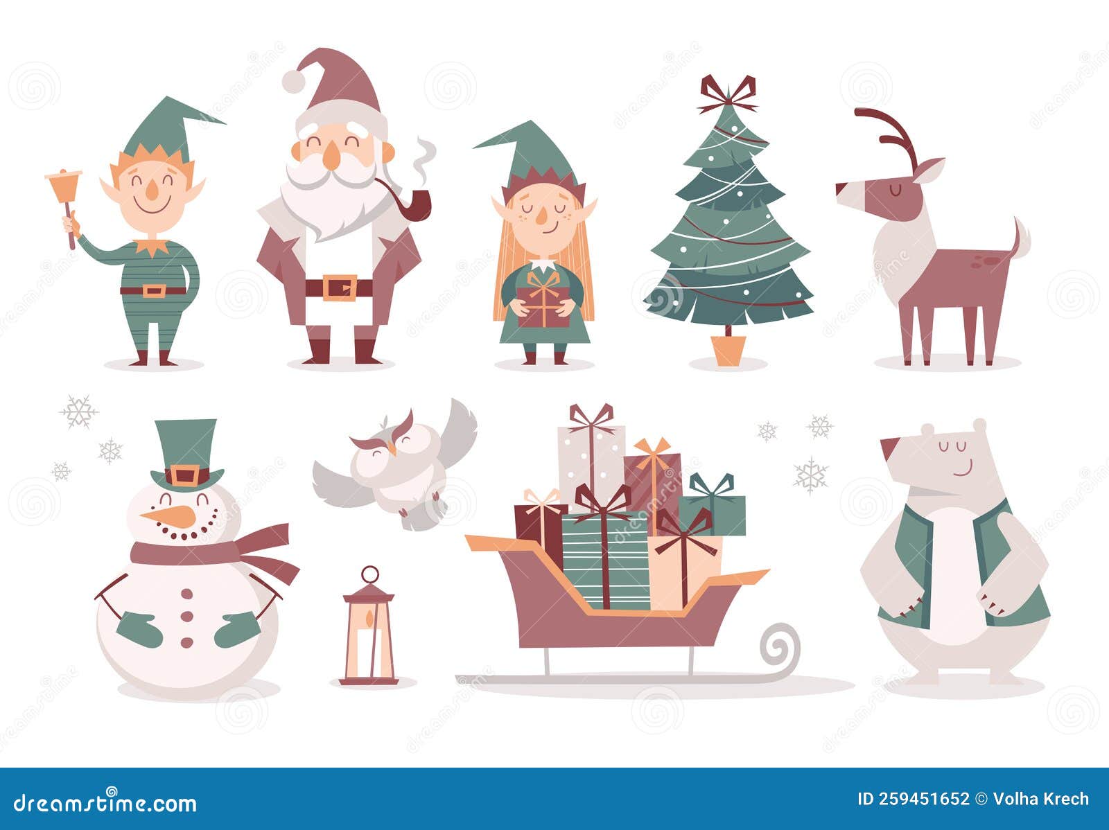 Set of Cartoon Isolated Christmas Characters and Decorative Elements