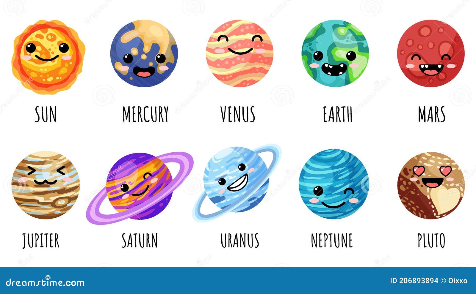 Set of Cartoon Kawaii Planets, Stars and Satellites. Cosmos Theme  Collection of Anime Faces Stock Vector - Illustration of planets, kawaii:  206893894