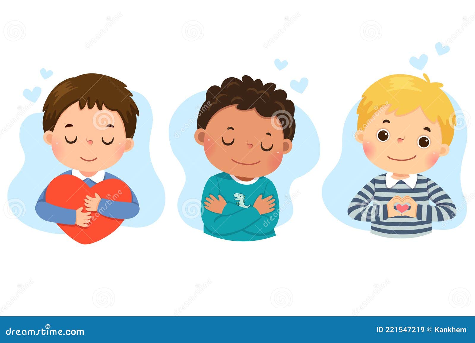 set of cartoon of little boys hugging themself. self love, self care, positive, happiness concept