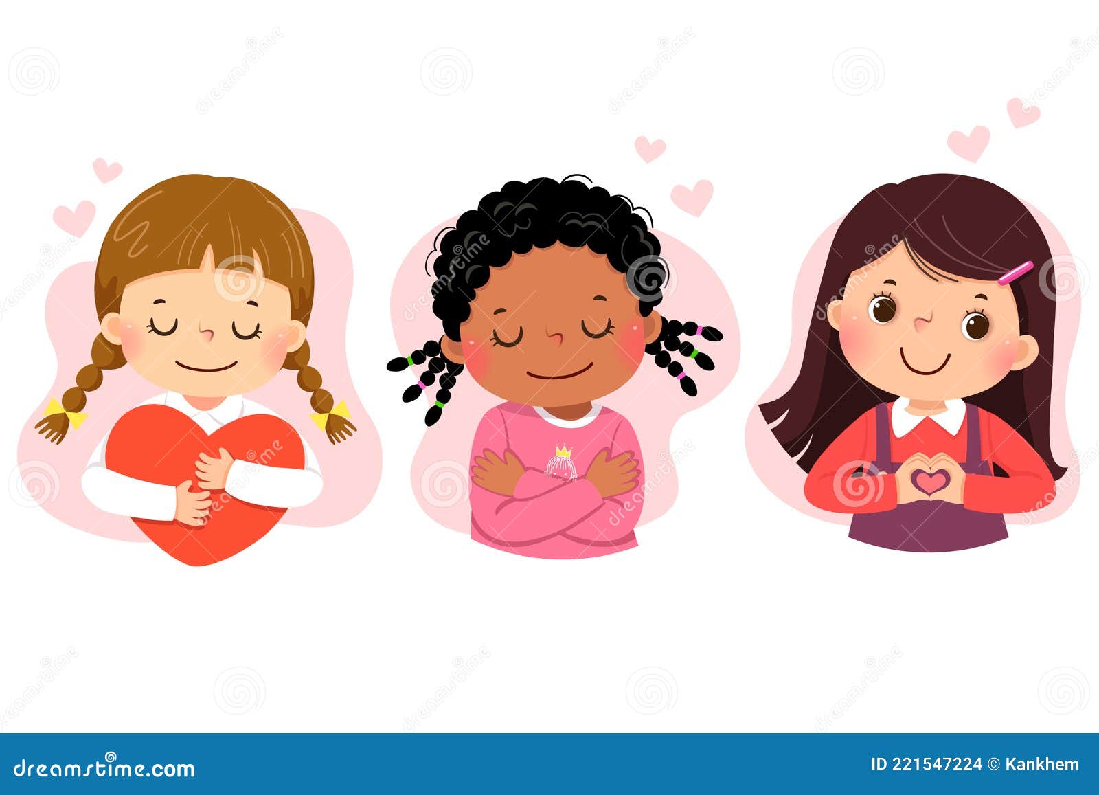 set of cartoon of little girls hugging themself. self love, self care, positive, happiness concept