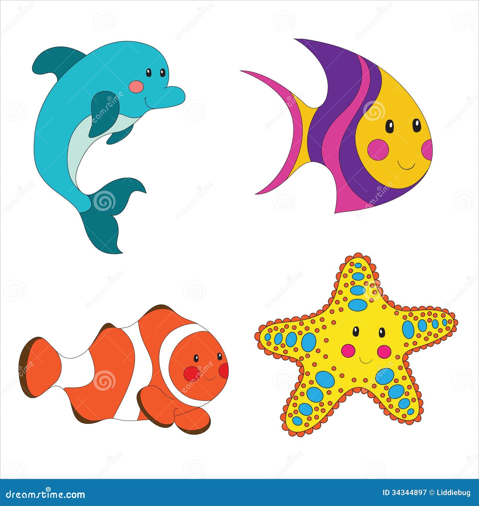 Set of Cartoon Sea Creatures Stock Illustration - Illustration of baby,  dolphin: 34344897
