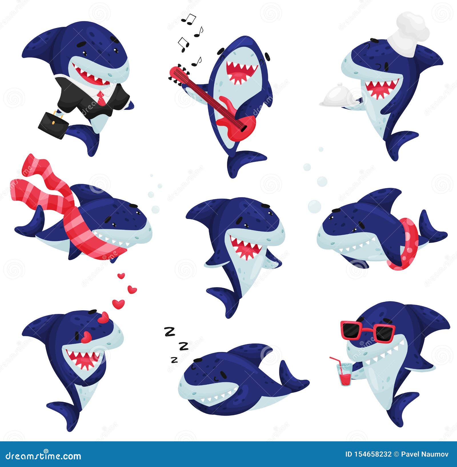 Set of Cartoon Sharks. Vector Illustration on White Background. Stock ...