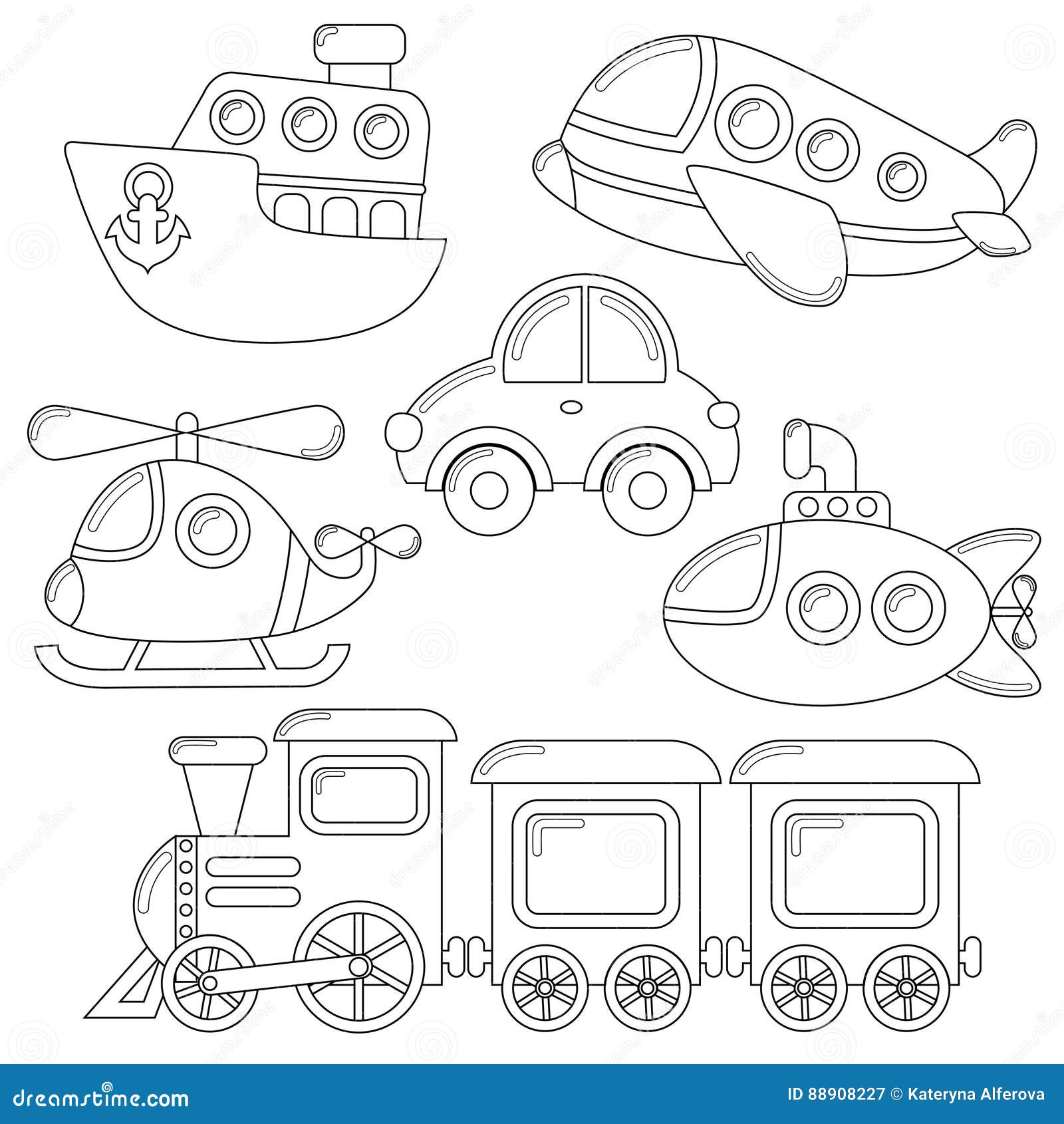 set of cartoon transport icon. car, submarine, ship, plane, train, helicopter
