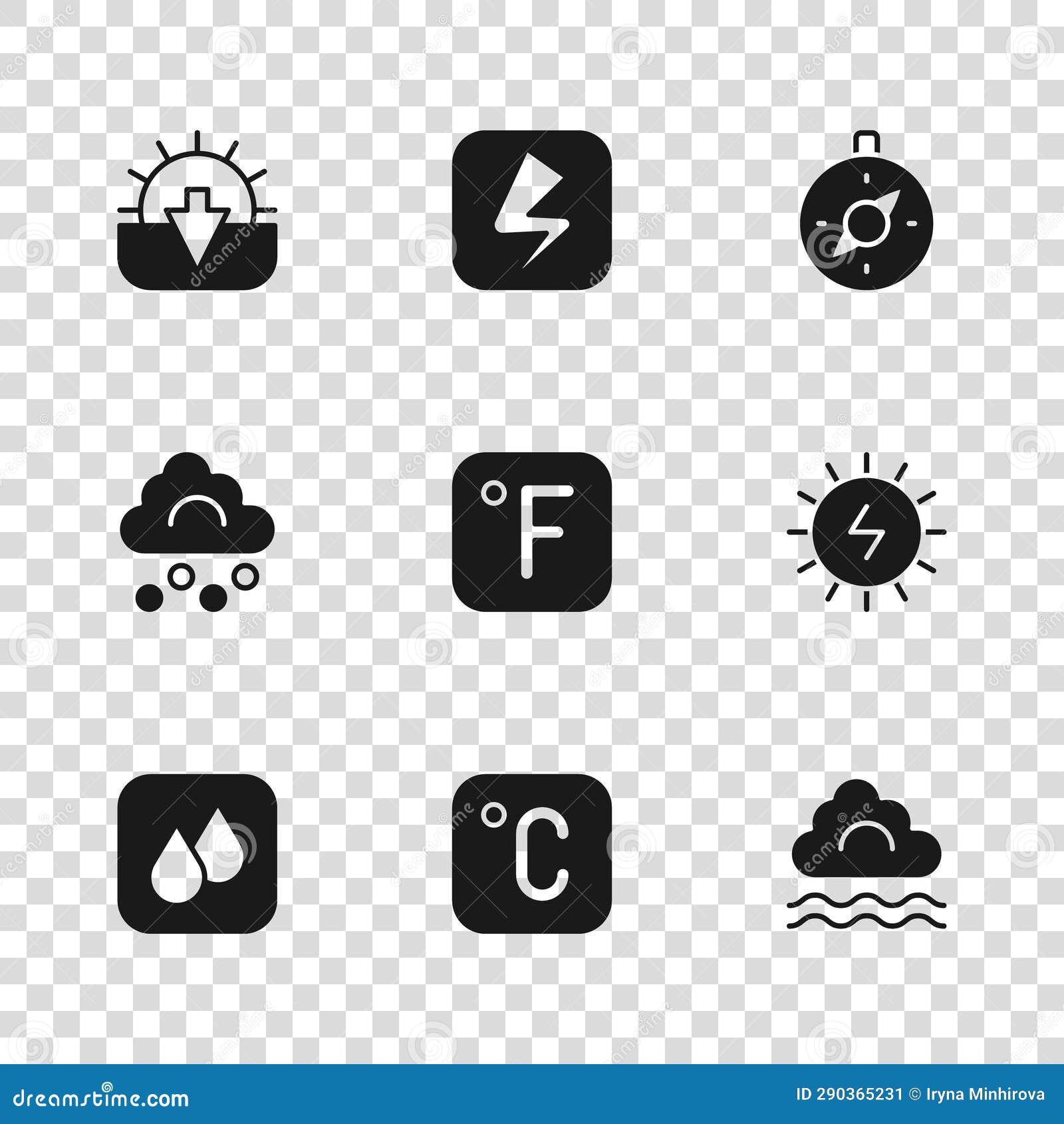 Set Celsius, Solar Energy Panel, Fog and Cloud, Fahrenheit, Compass,  Sunset, Lightning Bolt and Hail Icon. Vector Stock Vector - Illustration of  wind, weather: 290365231