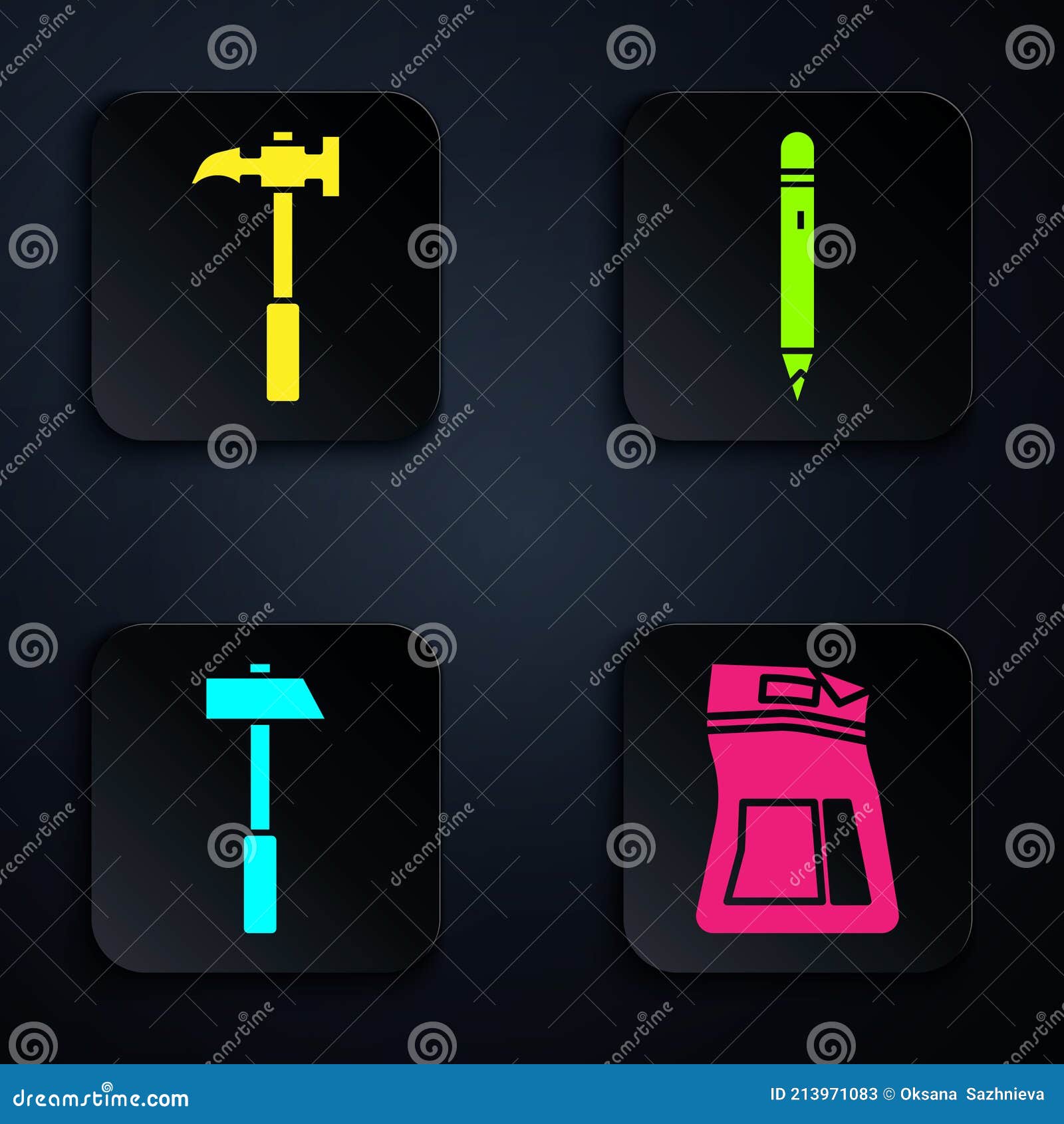 Set Cement Bag, Claw Hammer, Hammer and Pencil with Eraser. Black