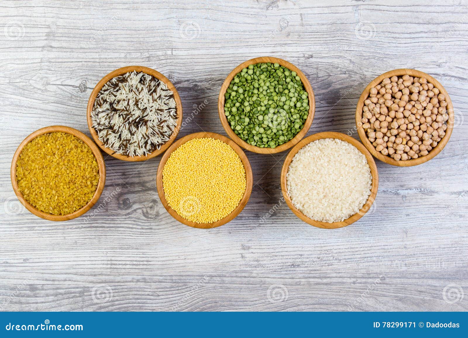 Set of Cereals, Peas, Rice, Millet, Chickpeas Sprinkled in Bamboo Bowls ...