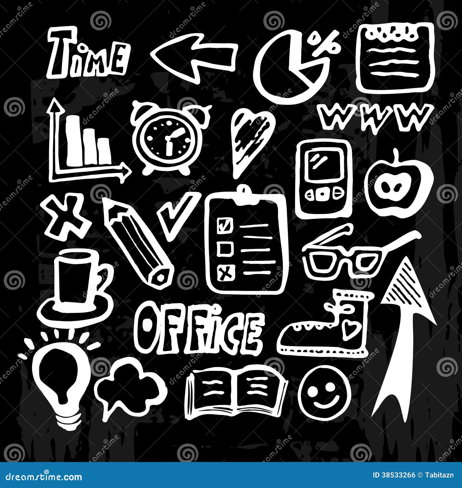 Set Of Chalk Doodles, Office Icons, Stock Vector Illustration of