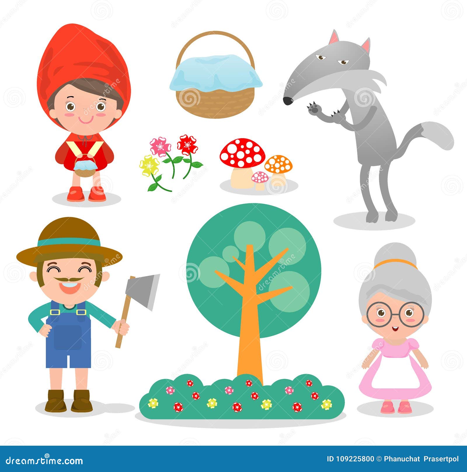Set Of Characters From Little Red Riding Hood Fairy Tale On White Background Vector Illustration Editorial Image Illustration Of Grandmother Fairy
