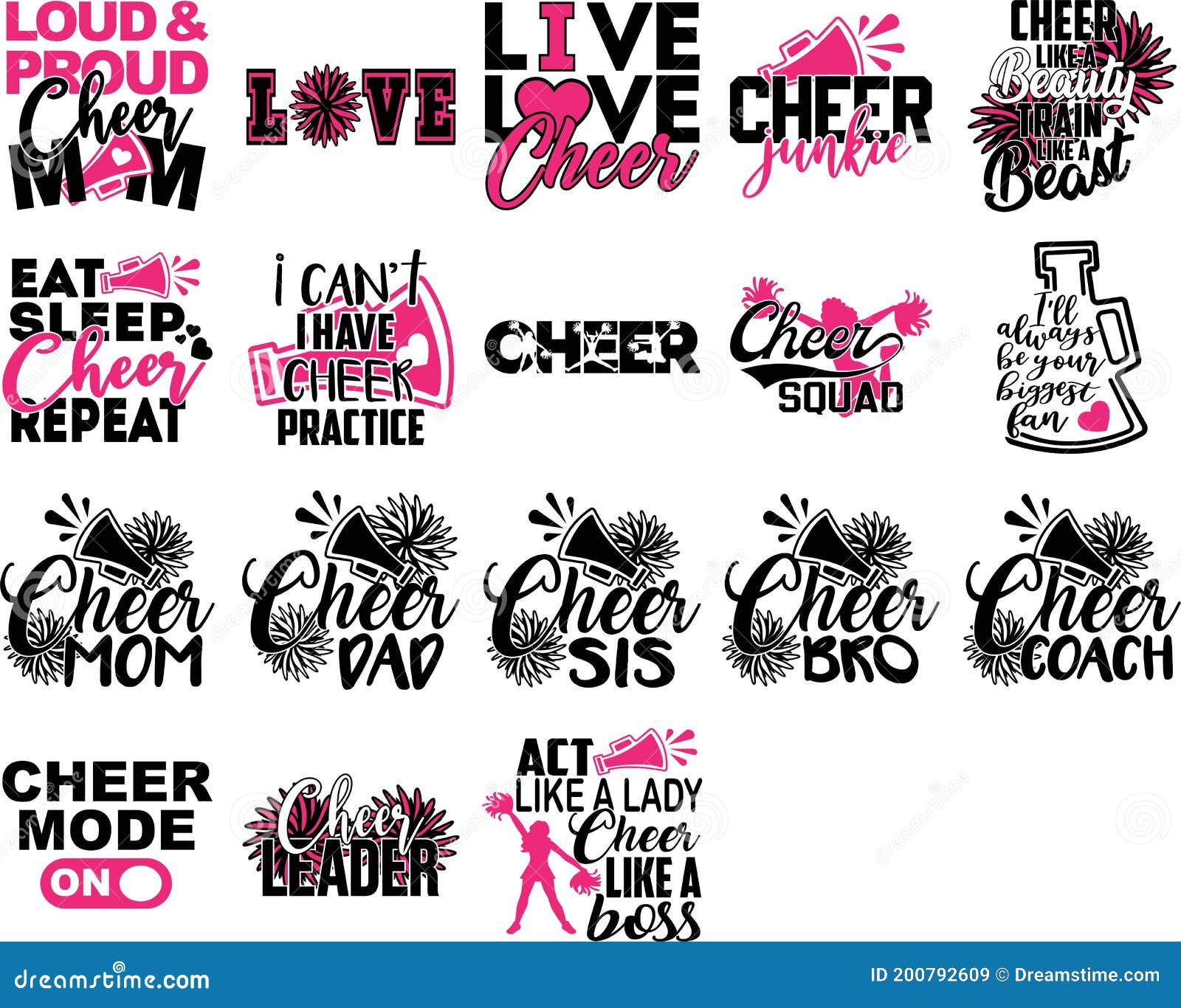set of cheer quotes. cheeleader silhouette. pompoms 