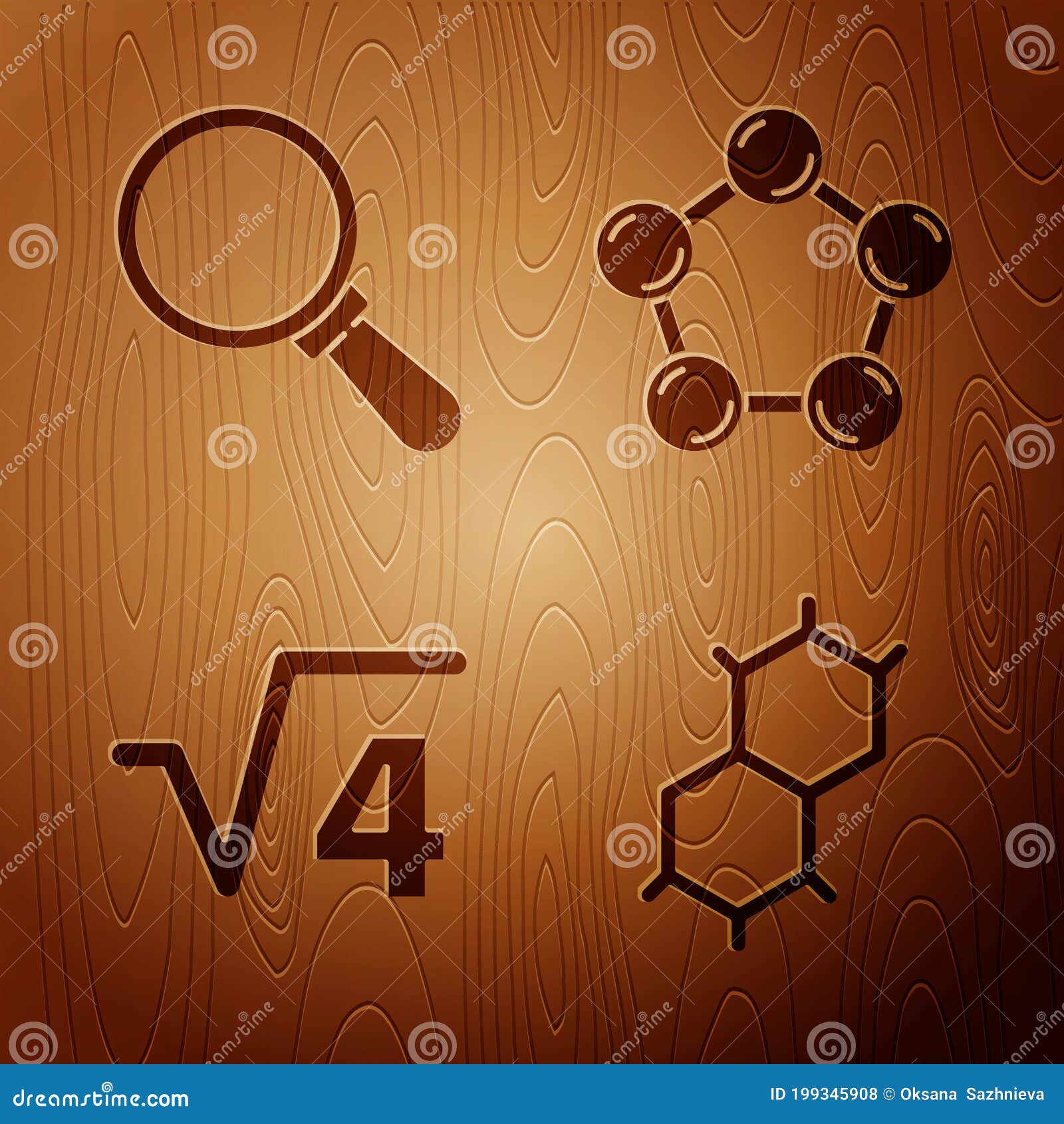 Set Chemical Formula, Magnifying Glass, Square Root of 4 Glyph and Molecule on Wooden Background