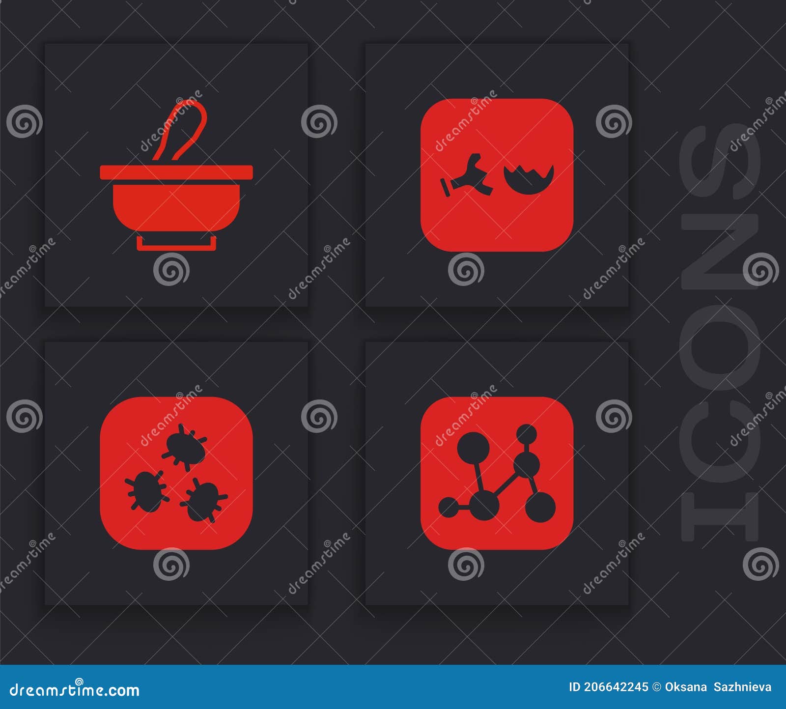Set Chemical Formula, Mortar and Pestle, Broken Flask and Bacteria Icon