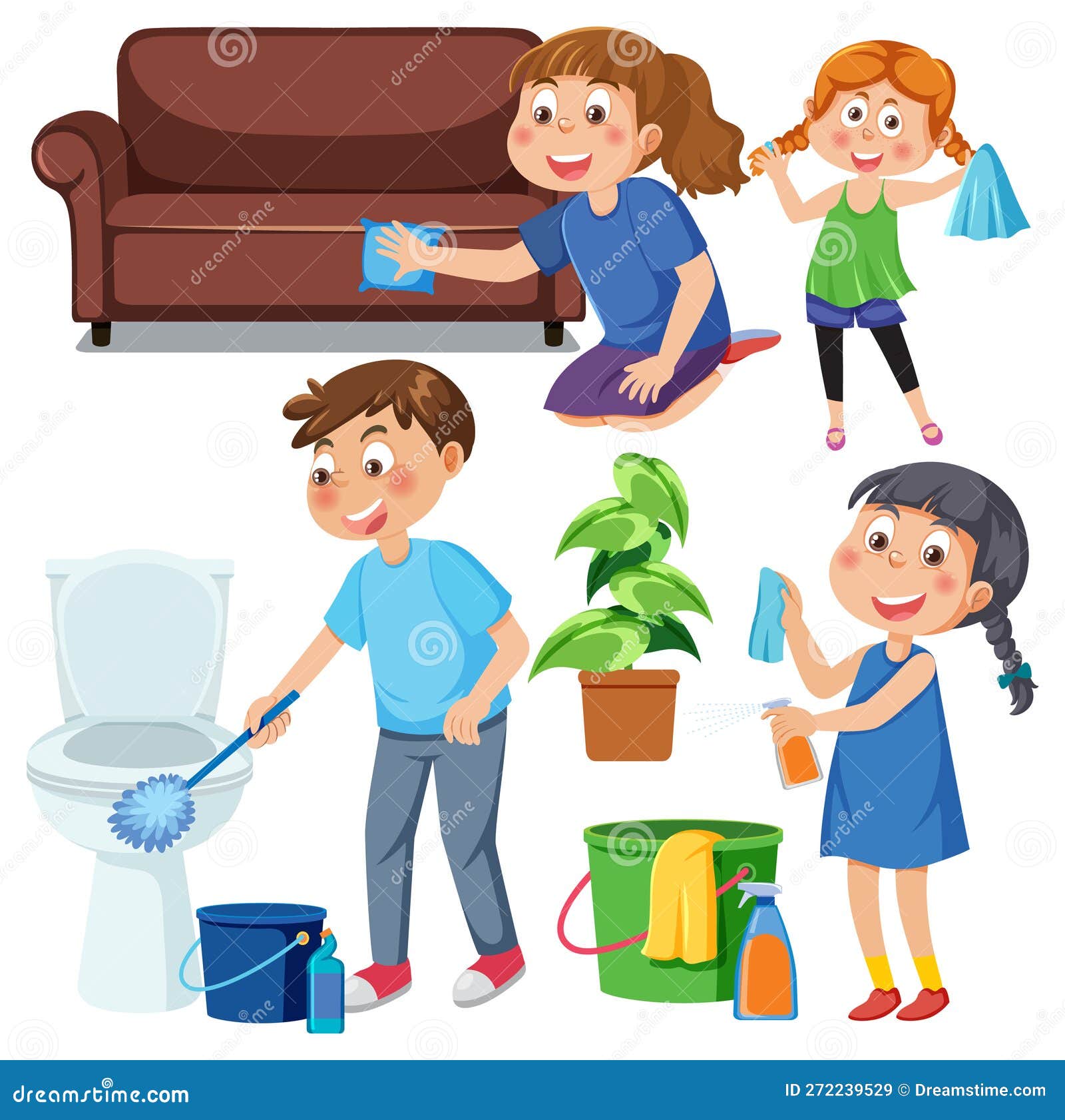 Set of Children Doing Chores with Household Equipments Stock Vector