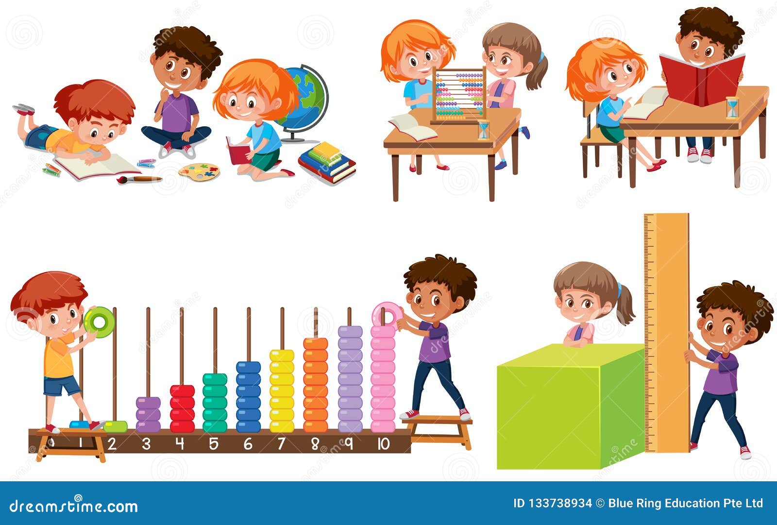 Set of children learning math illustration