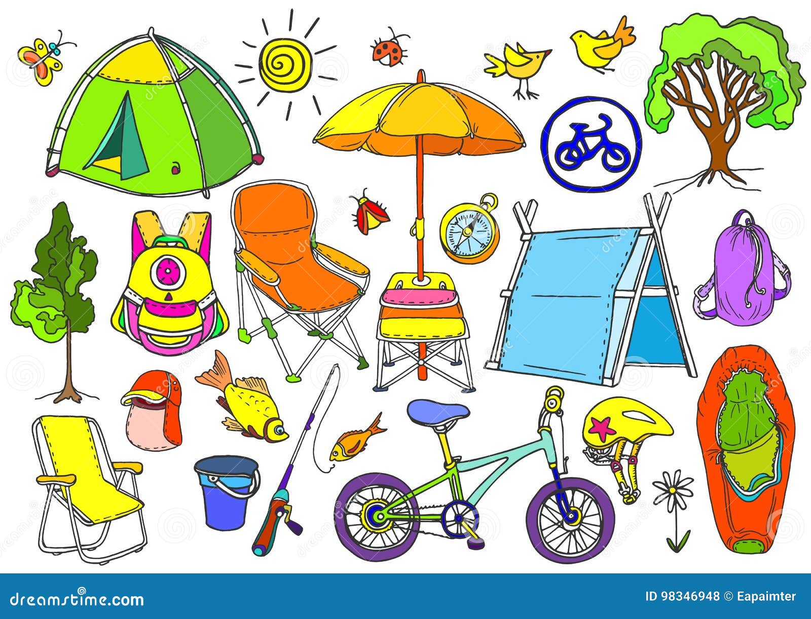 Set with Children`s Trekking in the Forest, Fishing, Picnic. Doodle Vector  Stock Vector - Illustration of childrens, cartoon: 98346948