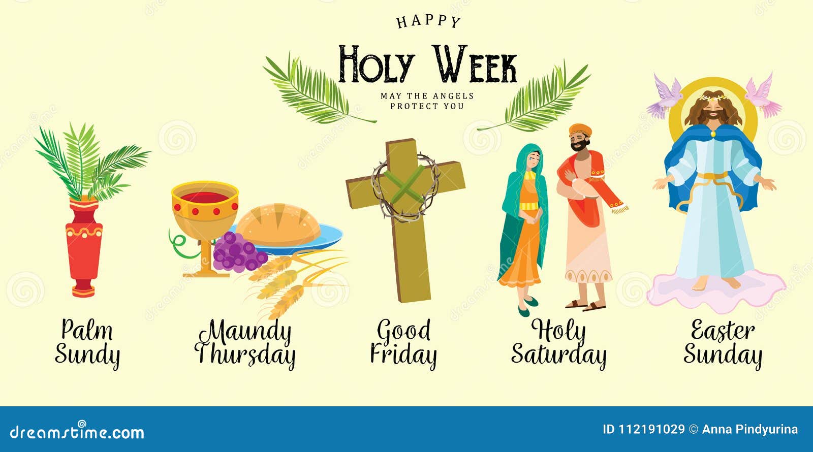 set for christianity holy week before easter, lent and palm or passion sunday, good friday crucifixion of jesus and his