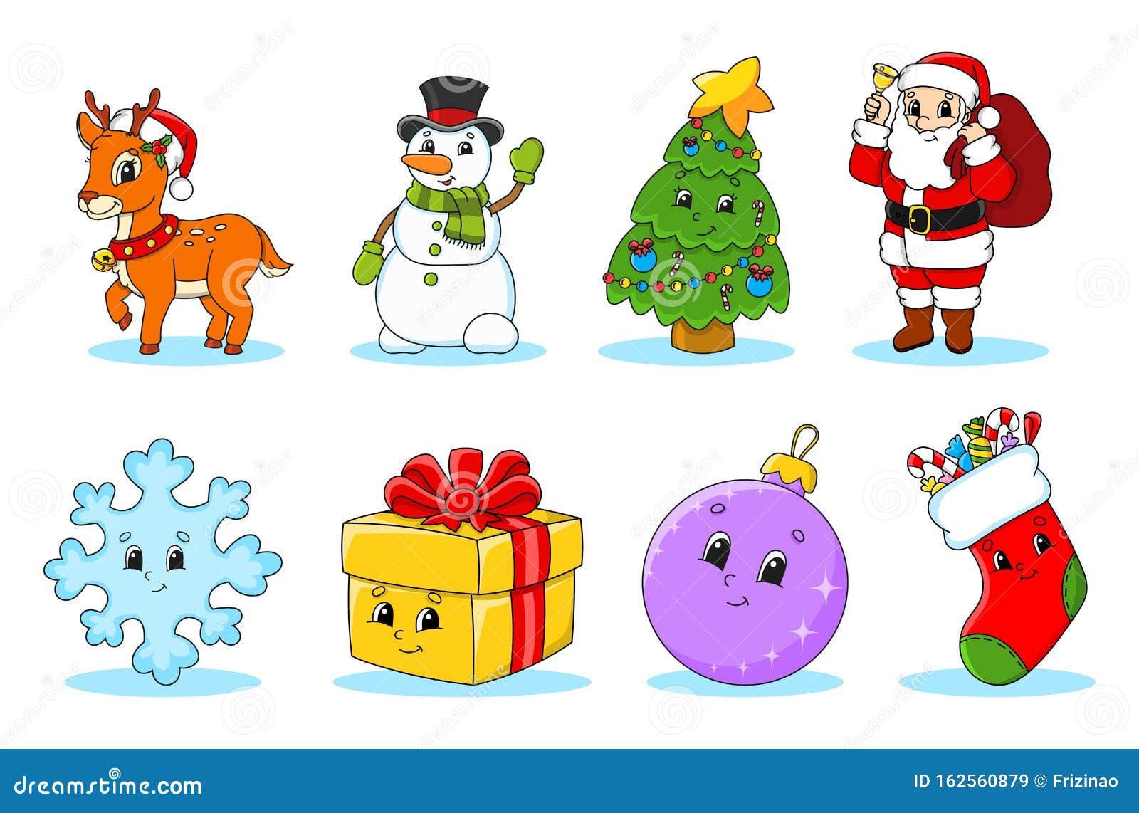 Set of Christmas Cute Cartoon Characters. Deer, Snowman, Tree, Santa Claus, Snowflake, Gift, Bauble, Sock. Happy New Year Stock Vector - Illustration of present, merry: 162560879 Set of Christmas Cute Cartoon Characters. Deer, Snowman, Tree, Santa Claus, Snowflake, Gift, Bauble, Sock. Happy New Year Stock Vector - Illustration of present, merry: 162560879