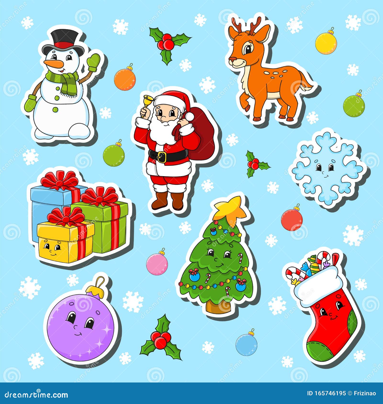 Set of Christmas Cute Cartoon Characters. Snowman, Deer, Santa Claus,  Snowflake, Gifts, Christmas Tree, Sock, Christmas Ball Stock Vector -  Illustration of holiday, december: 165746195