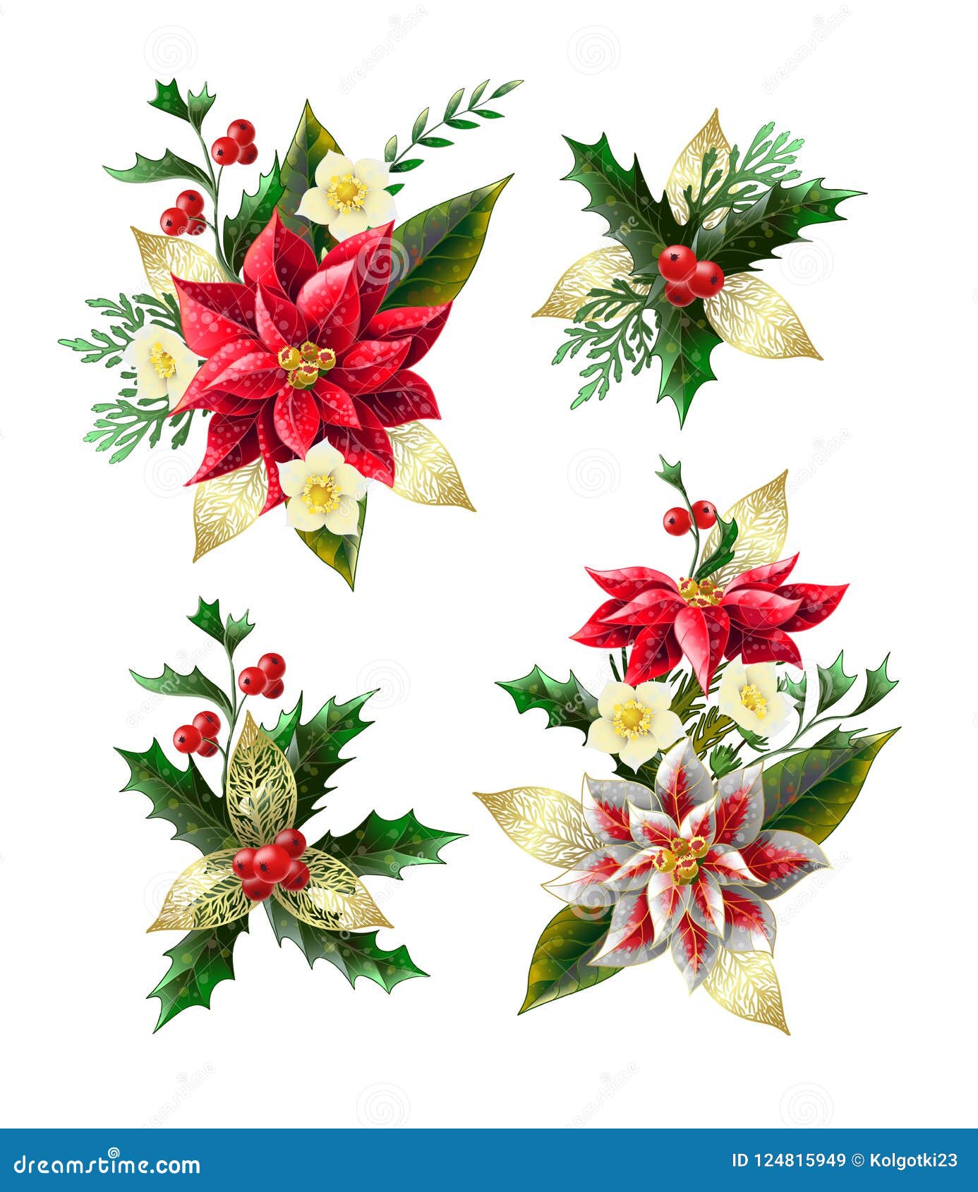 Set of Christmas Flowers Bouquets with Golden Elements. Vector. Stock