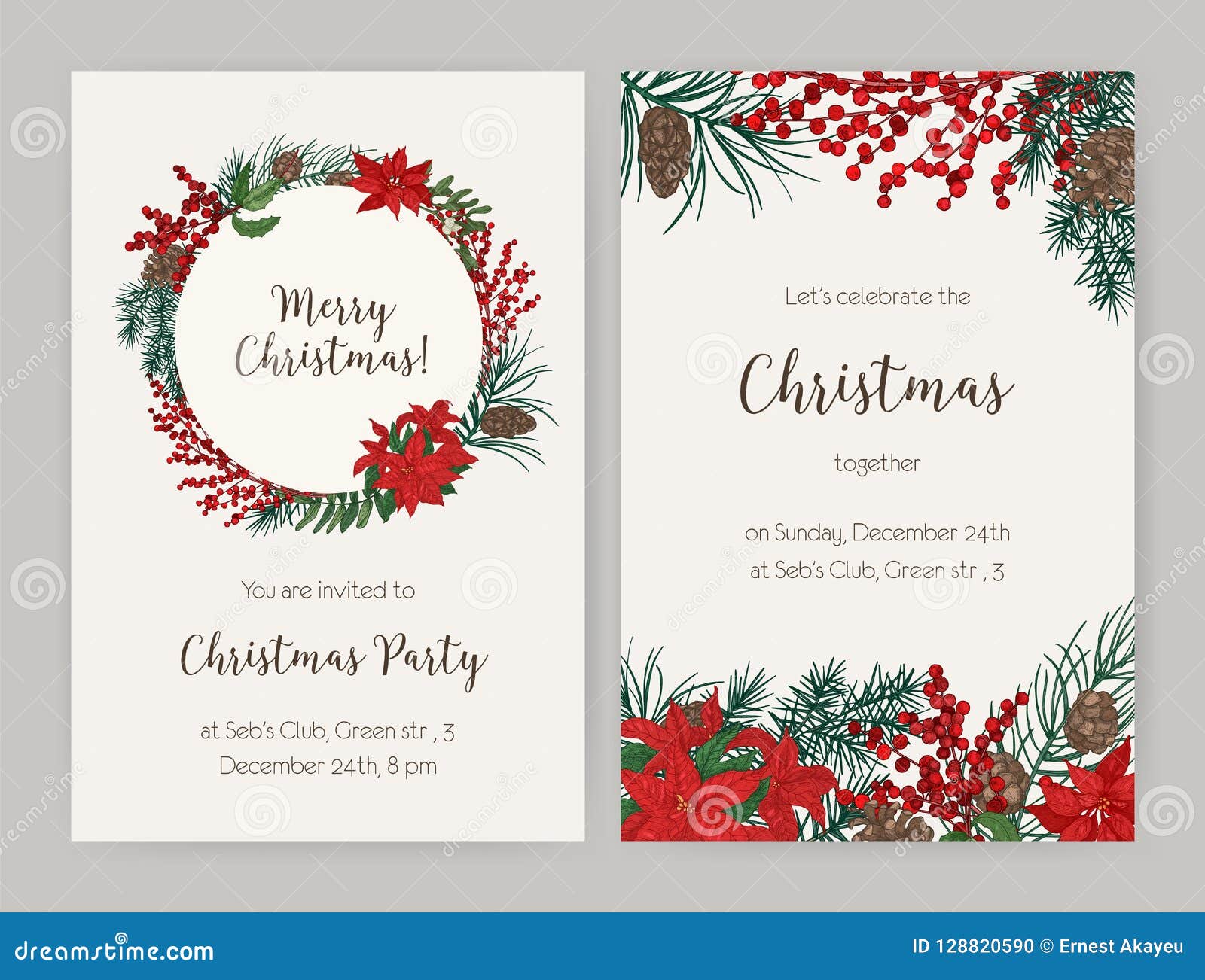 set of christmas flyer or party invitation templates decorated with coniferous tree branches and cones, holly leaves and