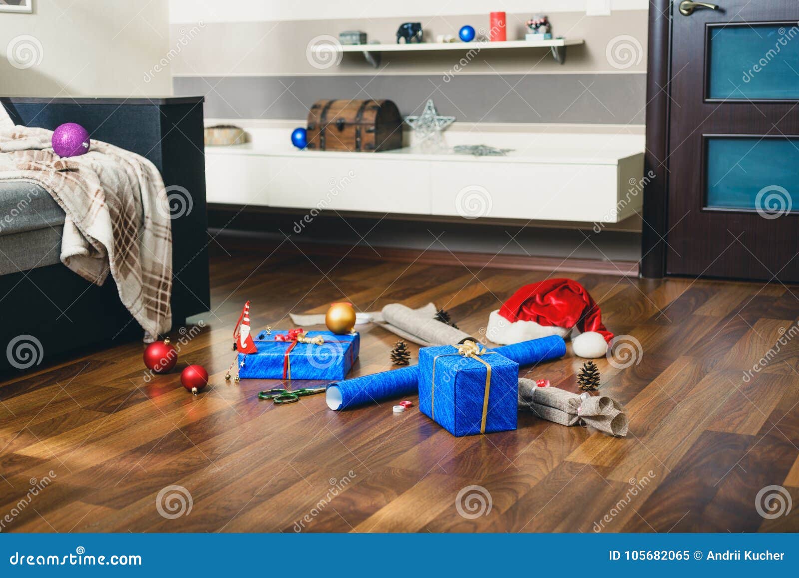 Set of Christmas Gifts on the Floor in Room Stock Image Image of