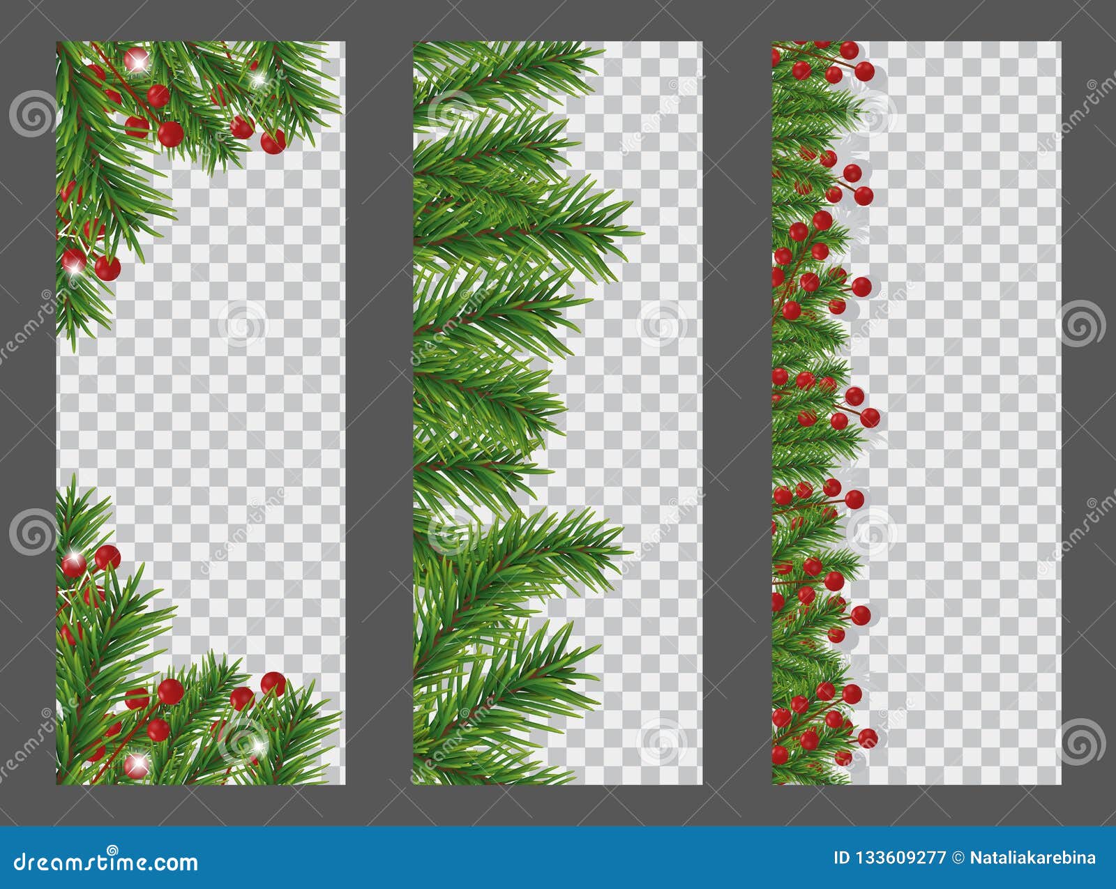 set christmas and new year vertical banner with garland or border of christmas tree branches and holly berries on transparent
