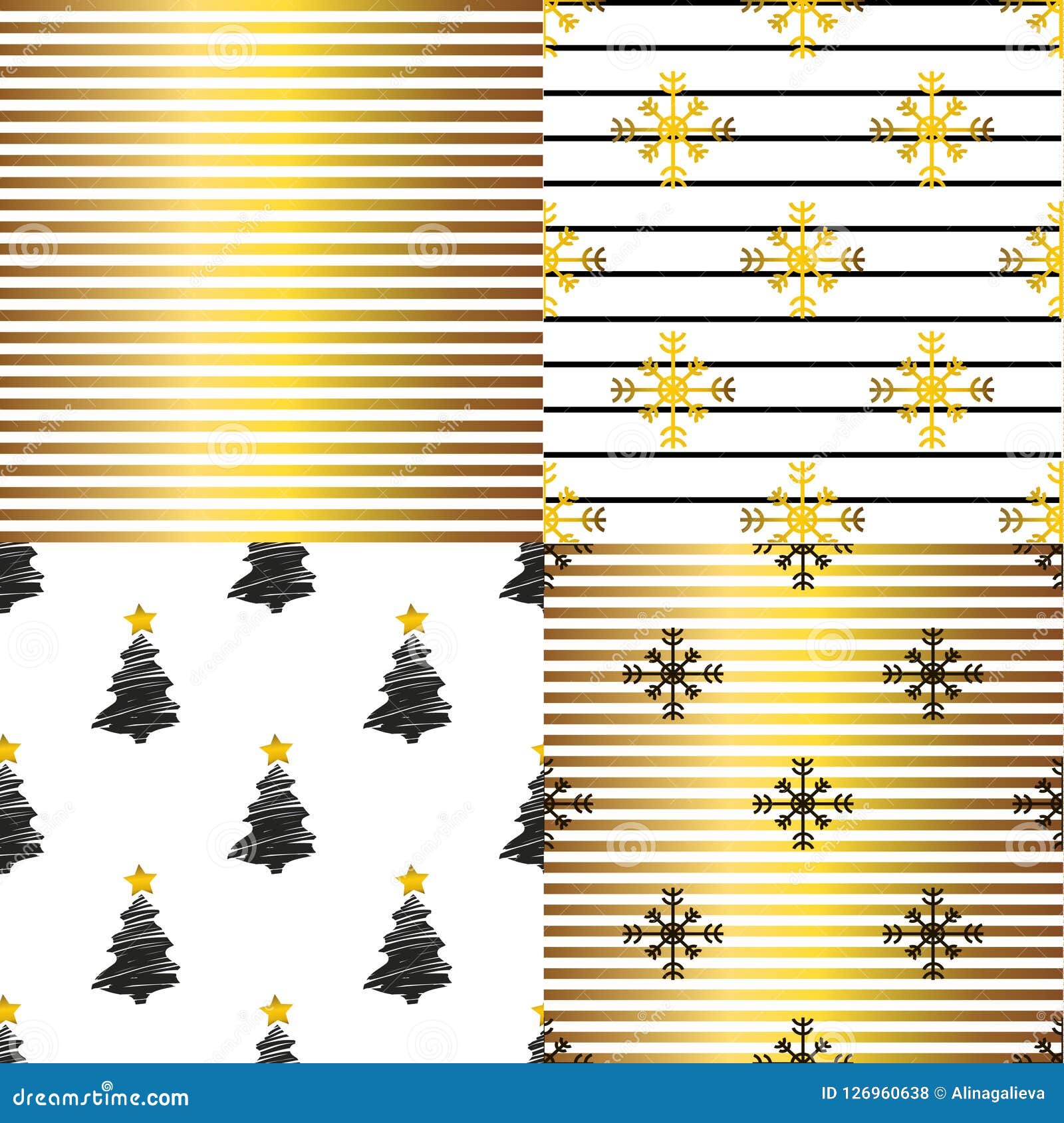 set christmas patterns with glitter gold stripes, snowflakes andd xmas tree