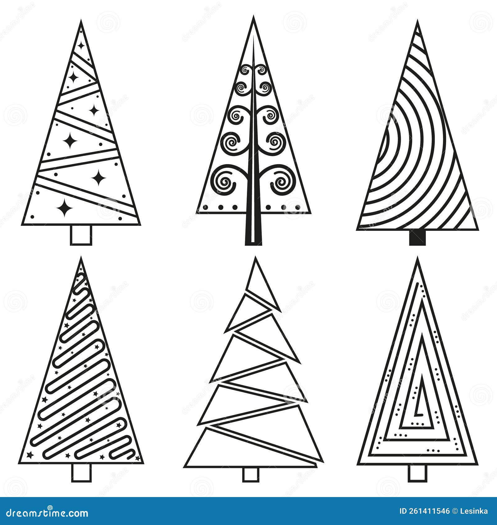 A Set of Christmas Trees in the Doodle Style, Black Outline. Isolated ...