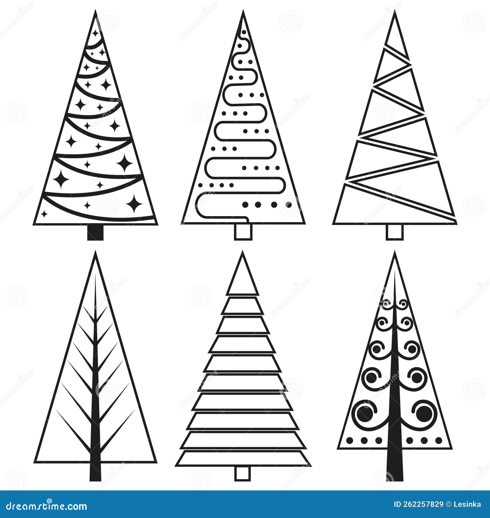 A Set of Christmas Trees in the Doodle Style, Black Outline. Isolated