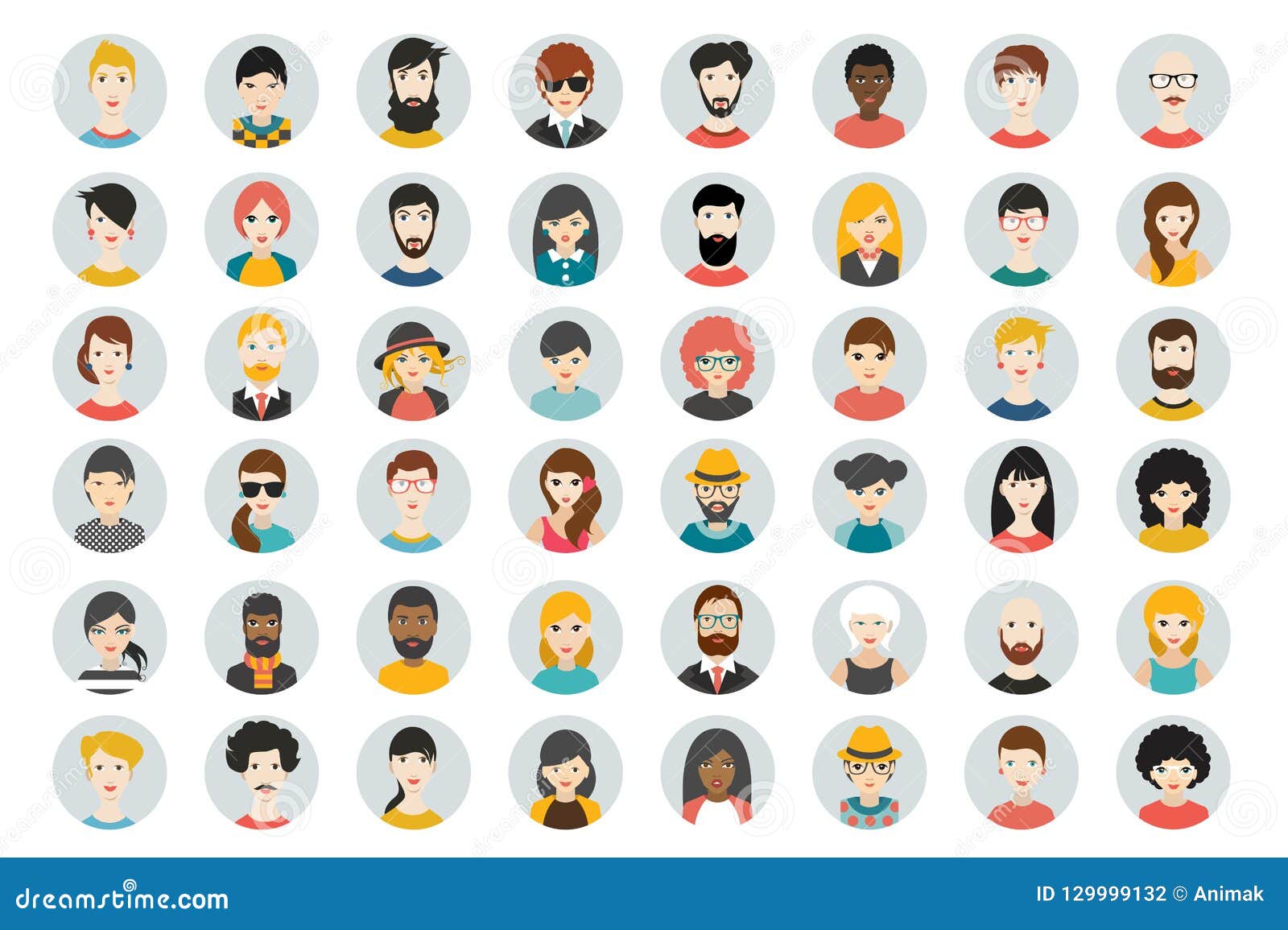 set of circle persons, avatars, people heads different nationality in flat style.