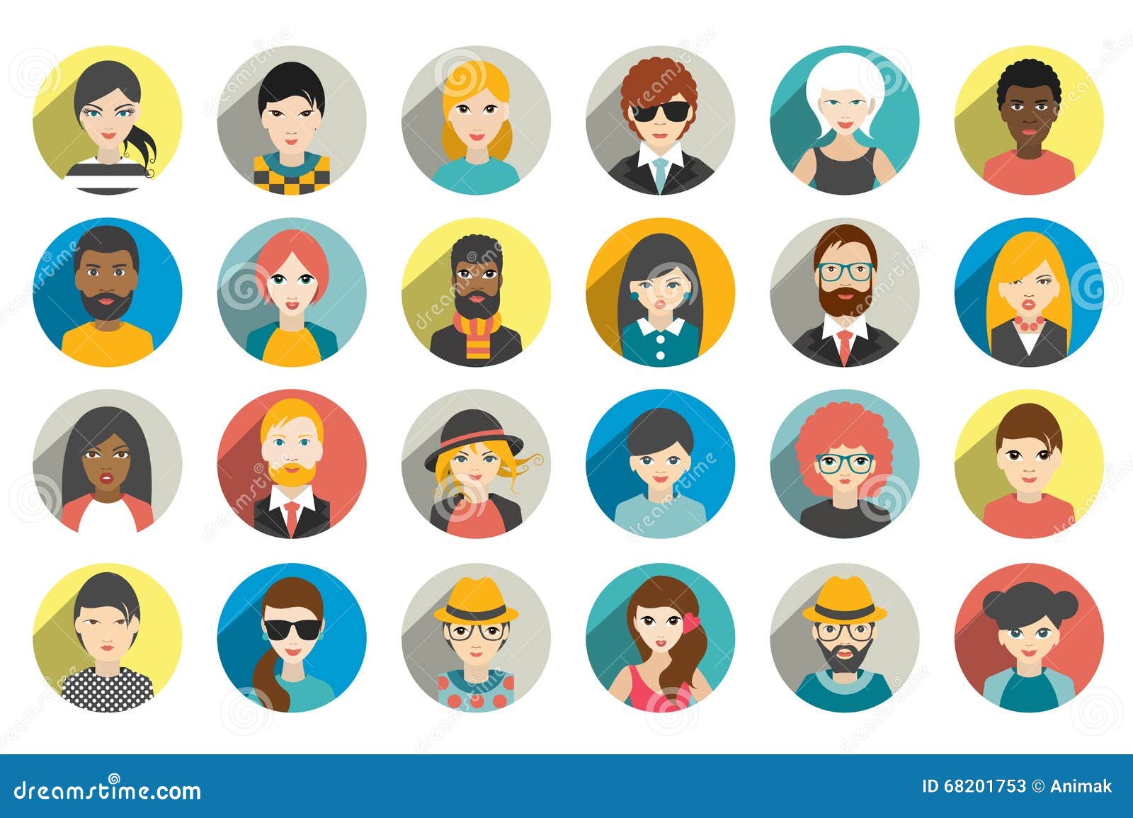 set of circle persons, avatars, people heads different nationality in flat style.