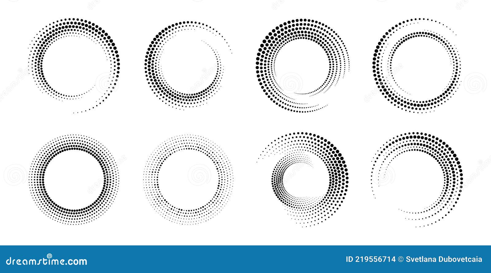 set circle spiral. rotate dot frame. futuristic ring with effect halftone. border ripple. abstract faded circle. semitone dots. ar