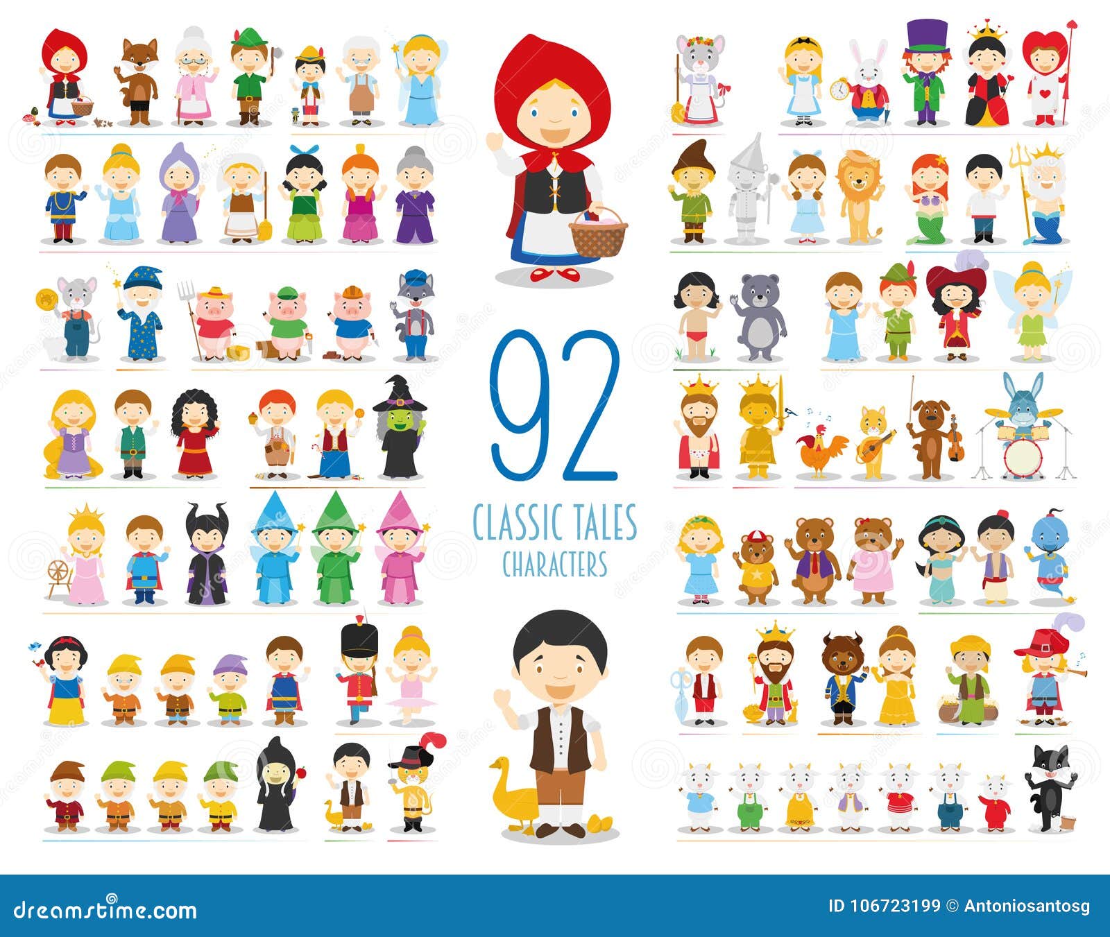 set of 92 classic tales characters in cartoon style