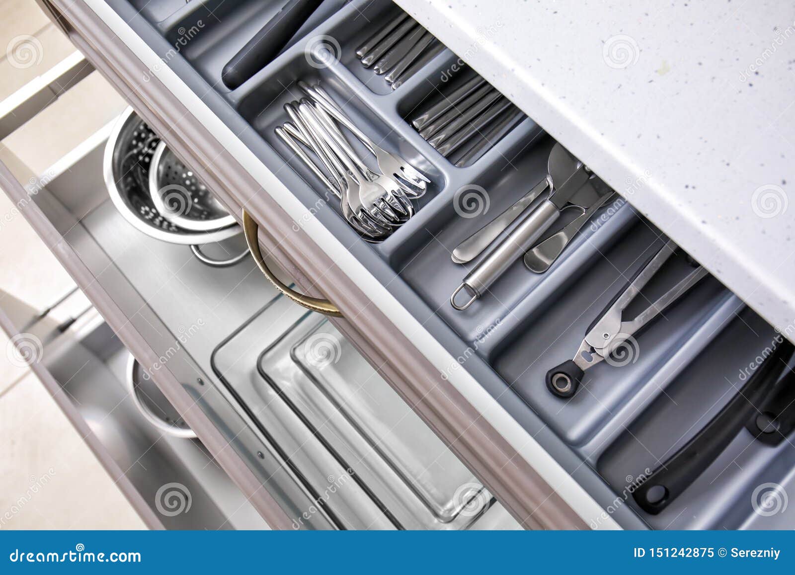 Set of Clean Kitchen Utensils in Drawer Stock Image Image of