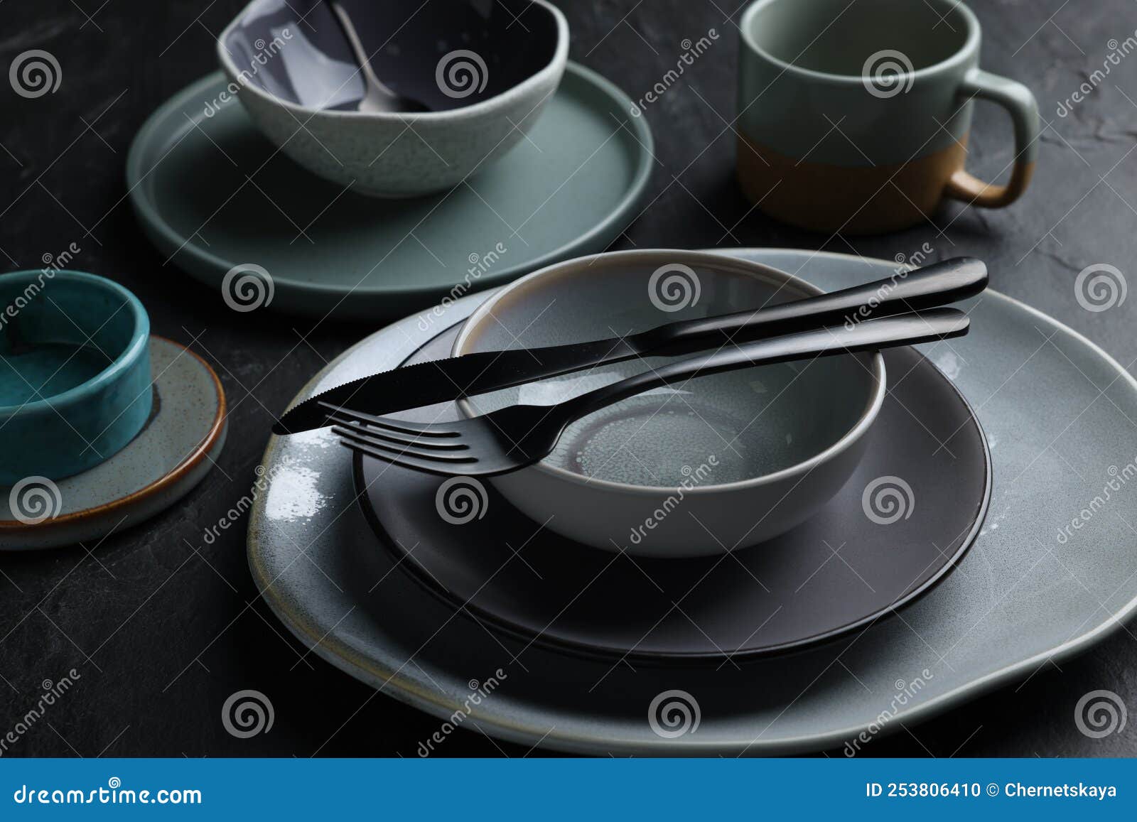 Set of Clean Tableware on Black Table Stock Photo Image of modern
