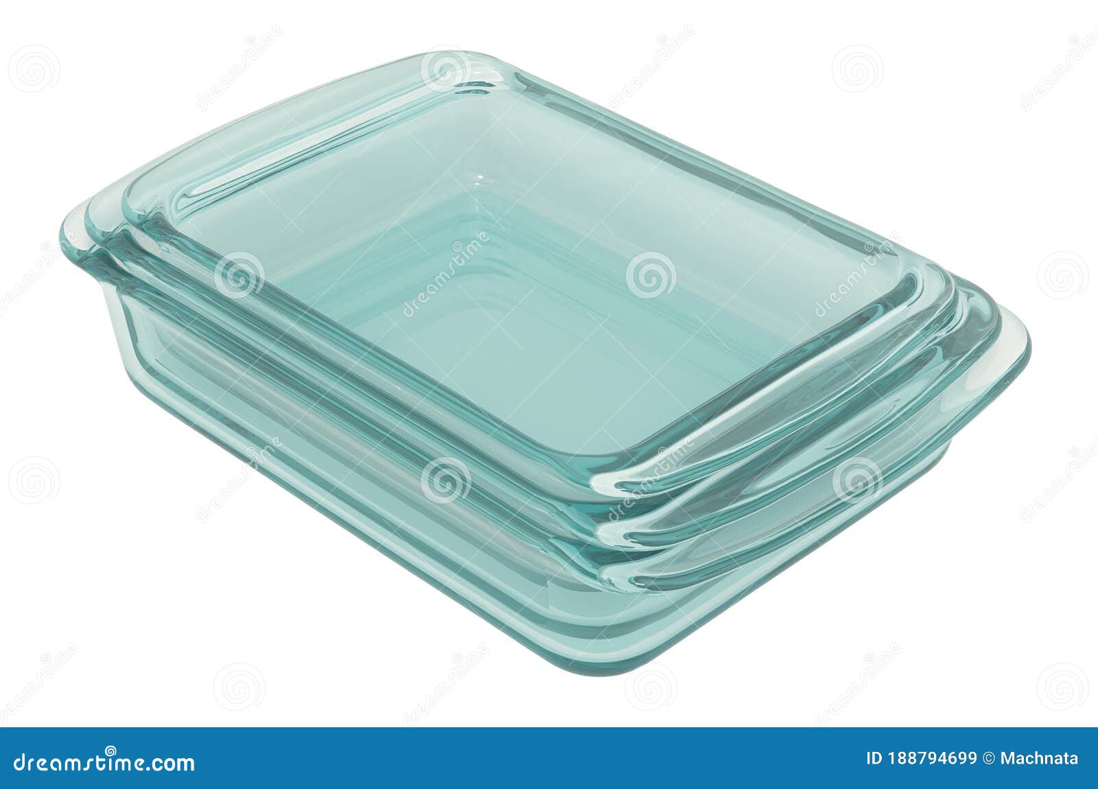 Set of Clear Glass Baking Dishes, Rectangular Shape. 3D Rendering Stock
