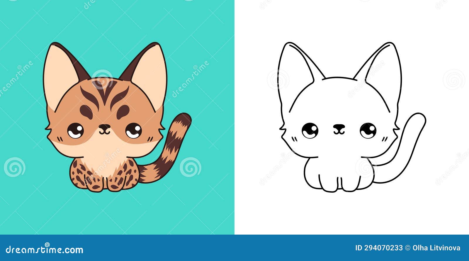 Set Clipart Bengal Cat Coloring Page and Colored Illustration. Kawaii ...