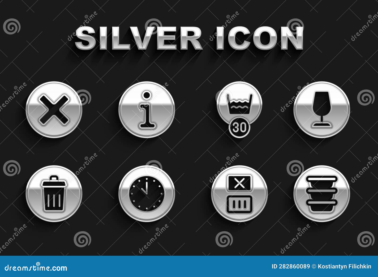 set clock, fragile broken glass, bowl, temperature wash, trash can, x mark, cross in circle and information icon. 