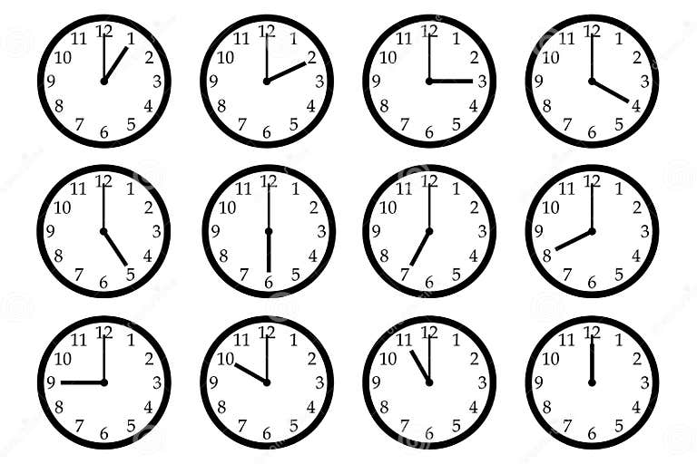 Set of 12 Clock Icons, Showing Different Times. Stock Illustration