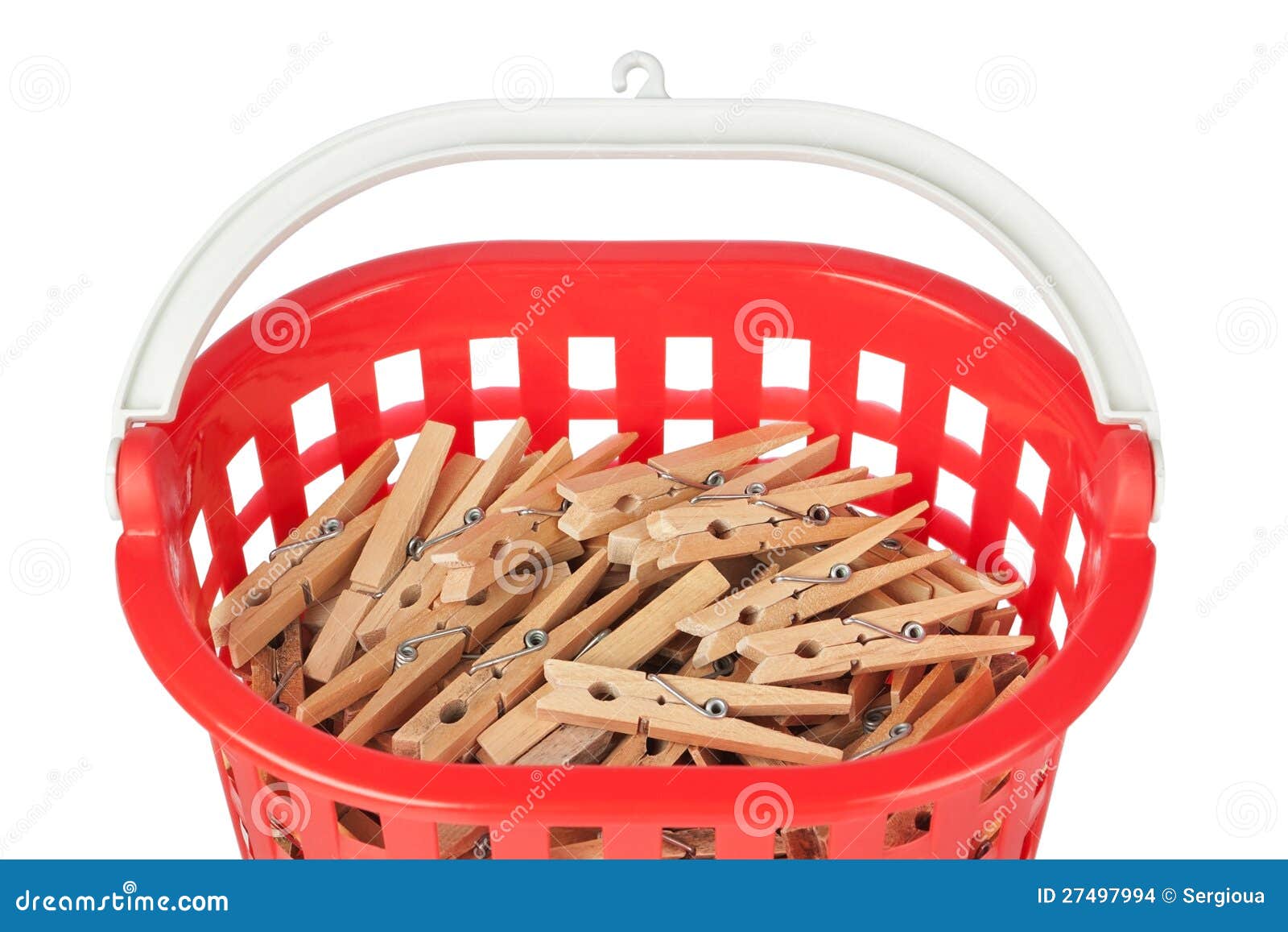 Set Of Clothespins In The Red Basket. Stock Photo Image of close