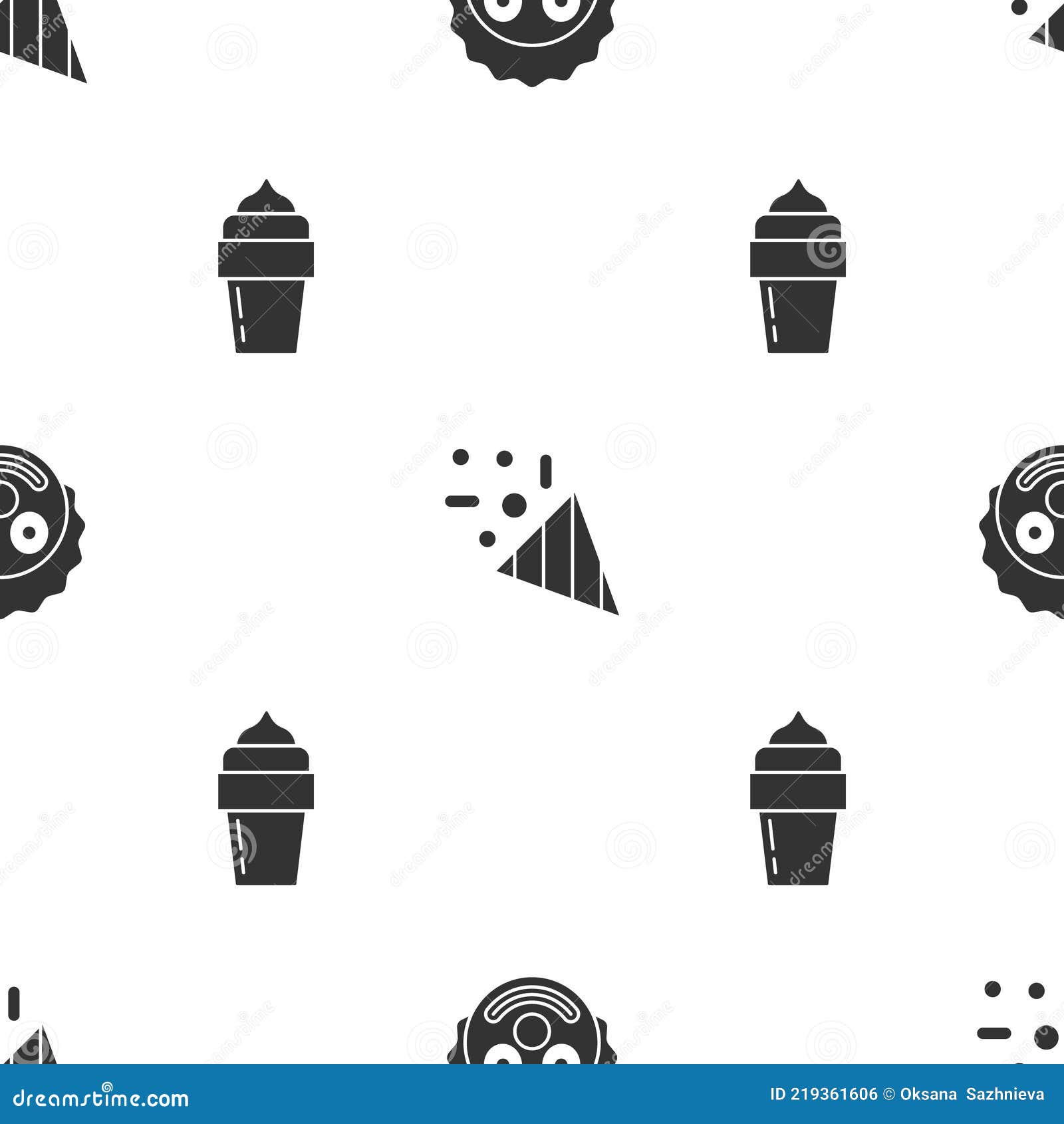 Set Clown Head, Festive Confetti and Ice Cream on Seamless Pattern