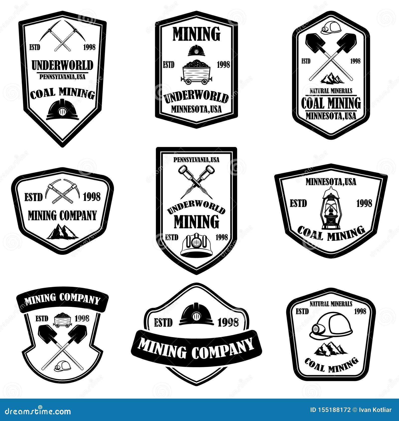 Set of Coal Mining Company Emblem Templates. Design Element for Logo