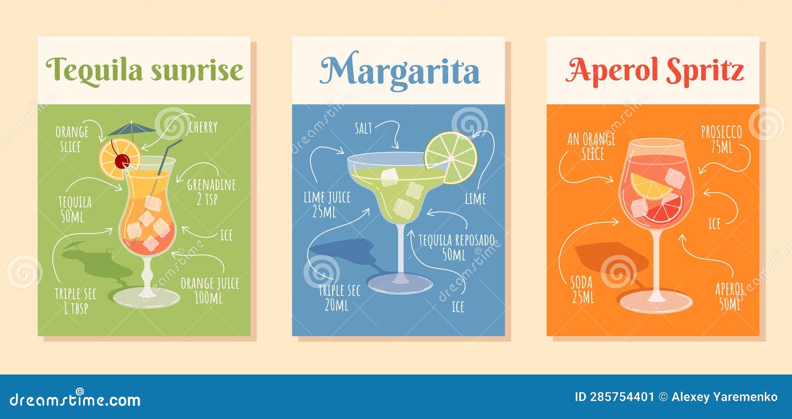 Set of Cocktail Ingredients Posters Vector Stock Illustration