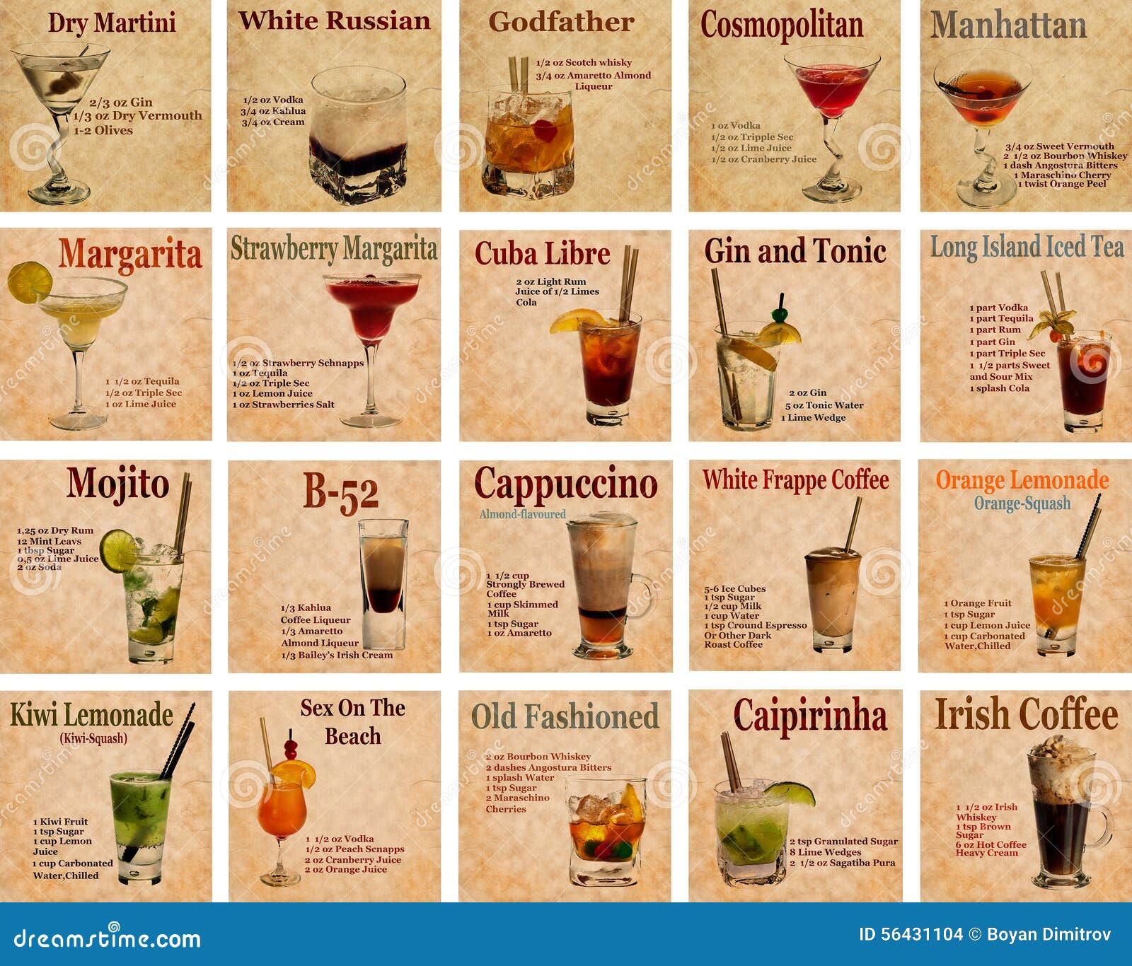 set of cocktail recipes