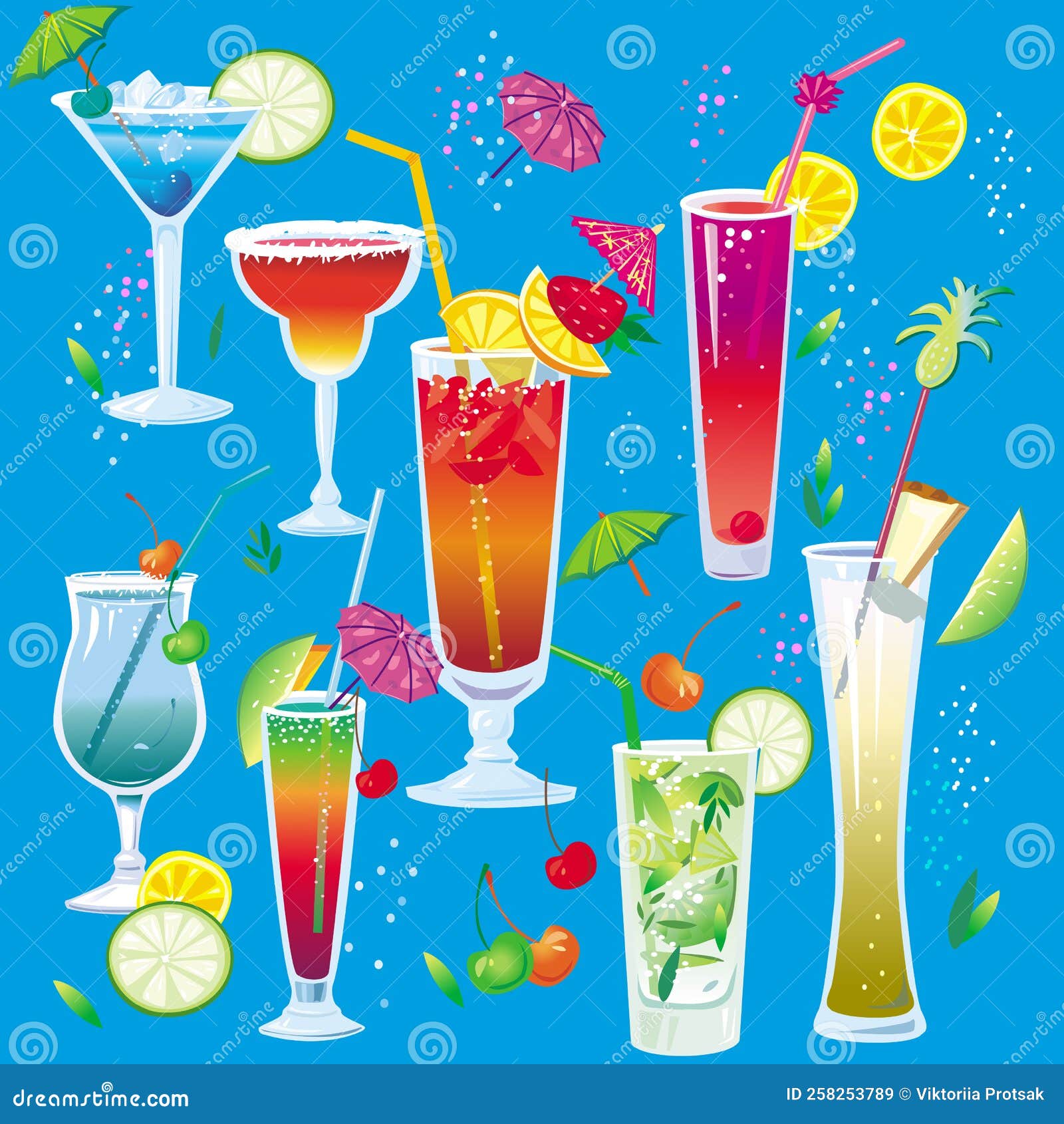 Set of Cocktails in Different Types of Glasses Stock Image Image of