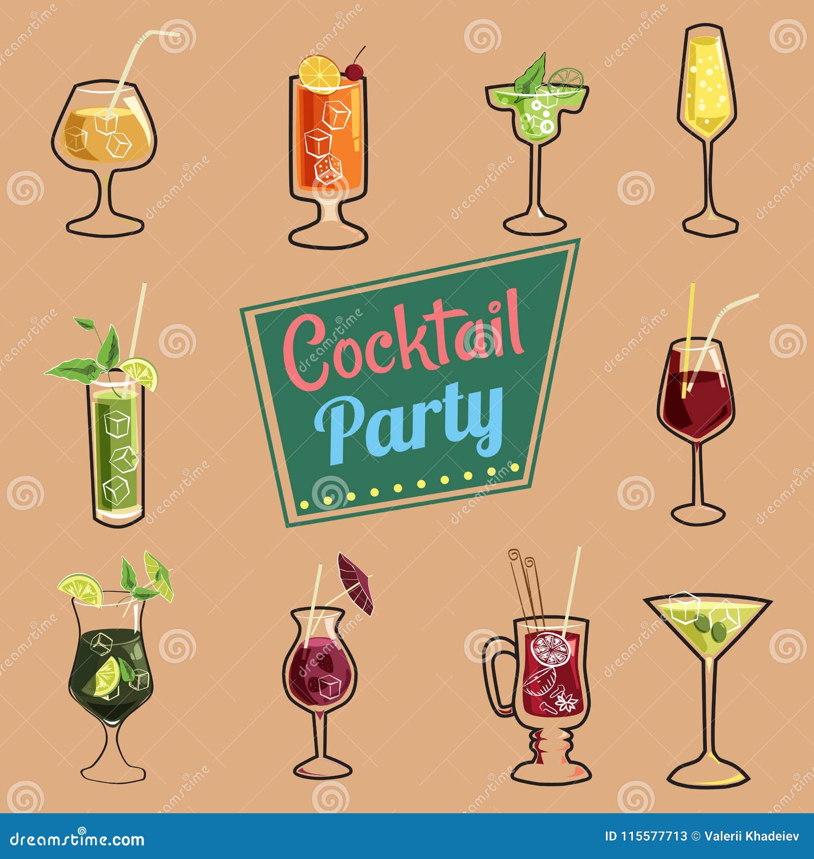 Set Of Cocktails Icons Packaging Web Menu Background Cartoon Style Vector Illustration Stock Vector Illustration Of Health Abstract 115577713