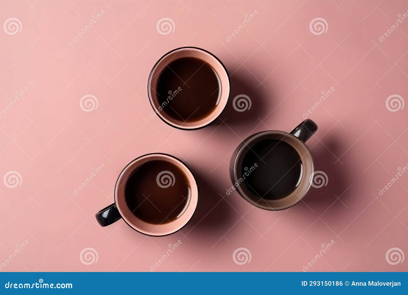 Set of Coffee Cups in Pink Pastel Color Table. Top View Stock Photo