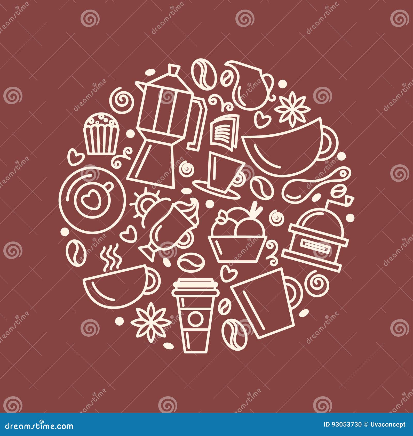 Set of Coffee Theme. Line Art Draw Icons in the Circle Stock Vector